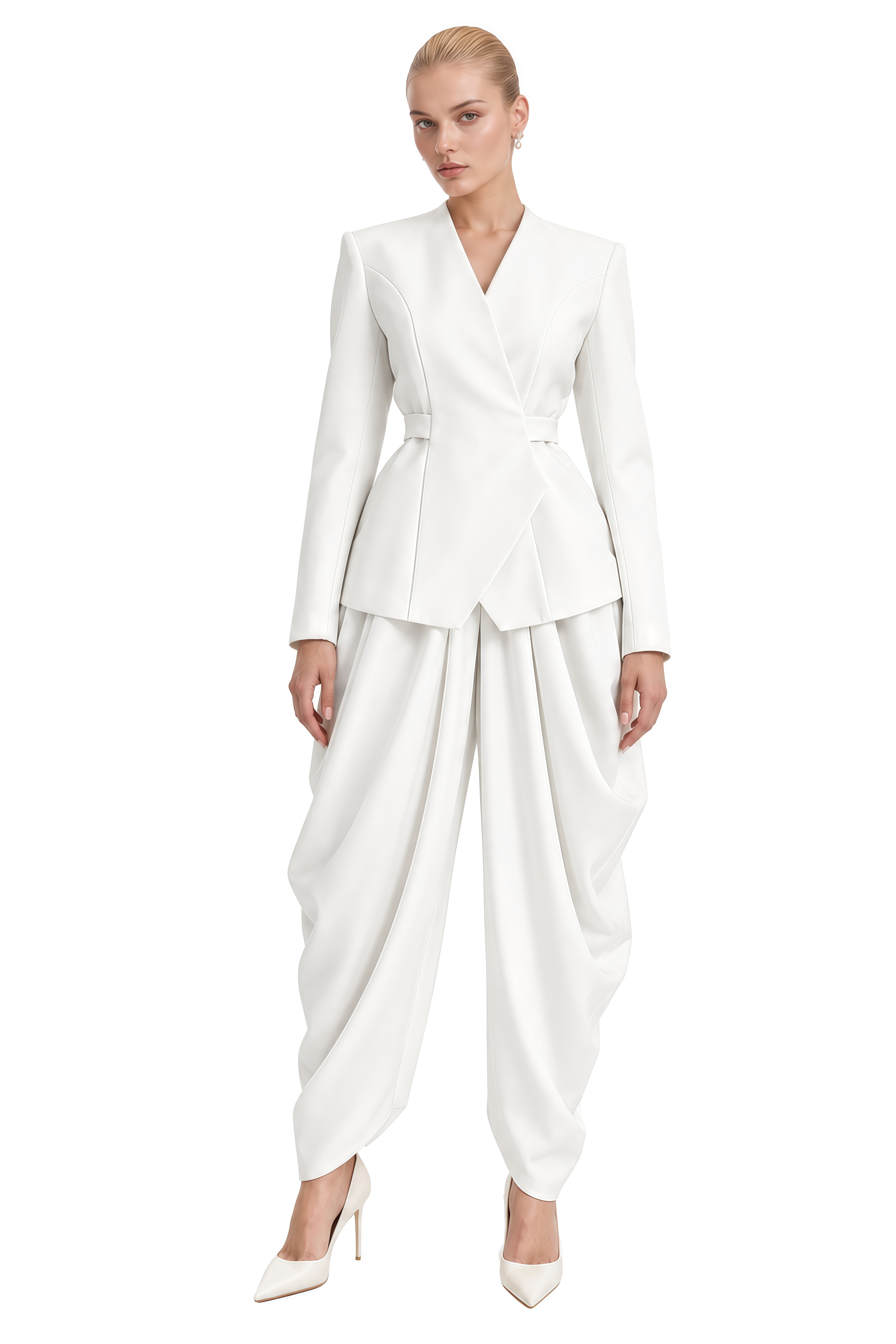 Hazel White Asymmetrical Draped Jacket & Trousers Set