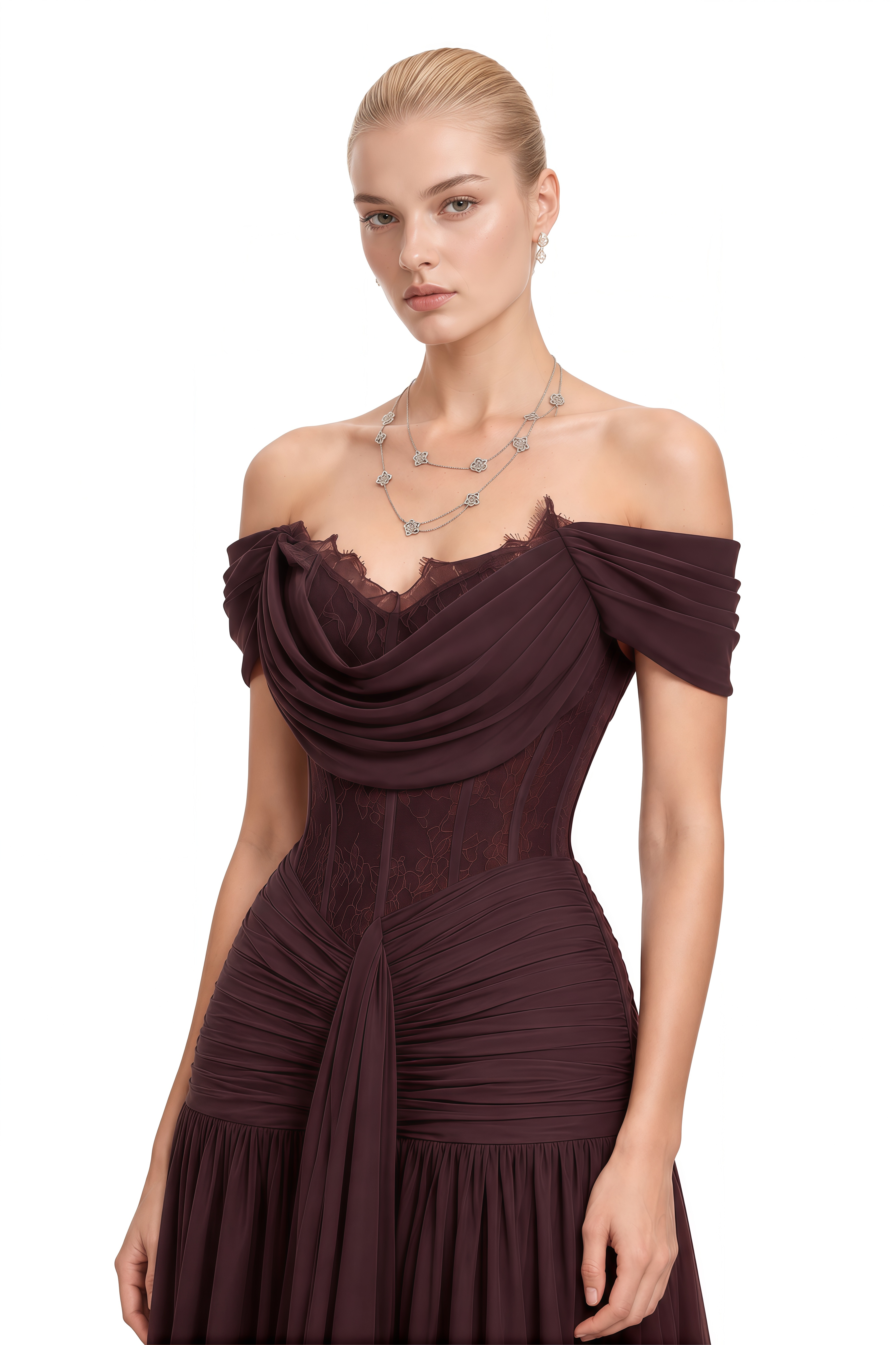 Portia Dark Brown Off Shoulder Lace Maxi Dress