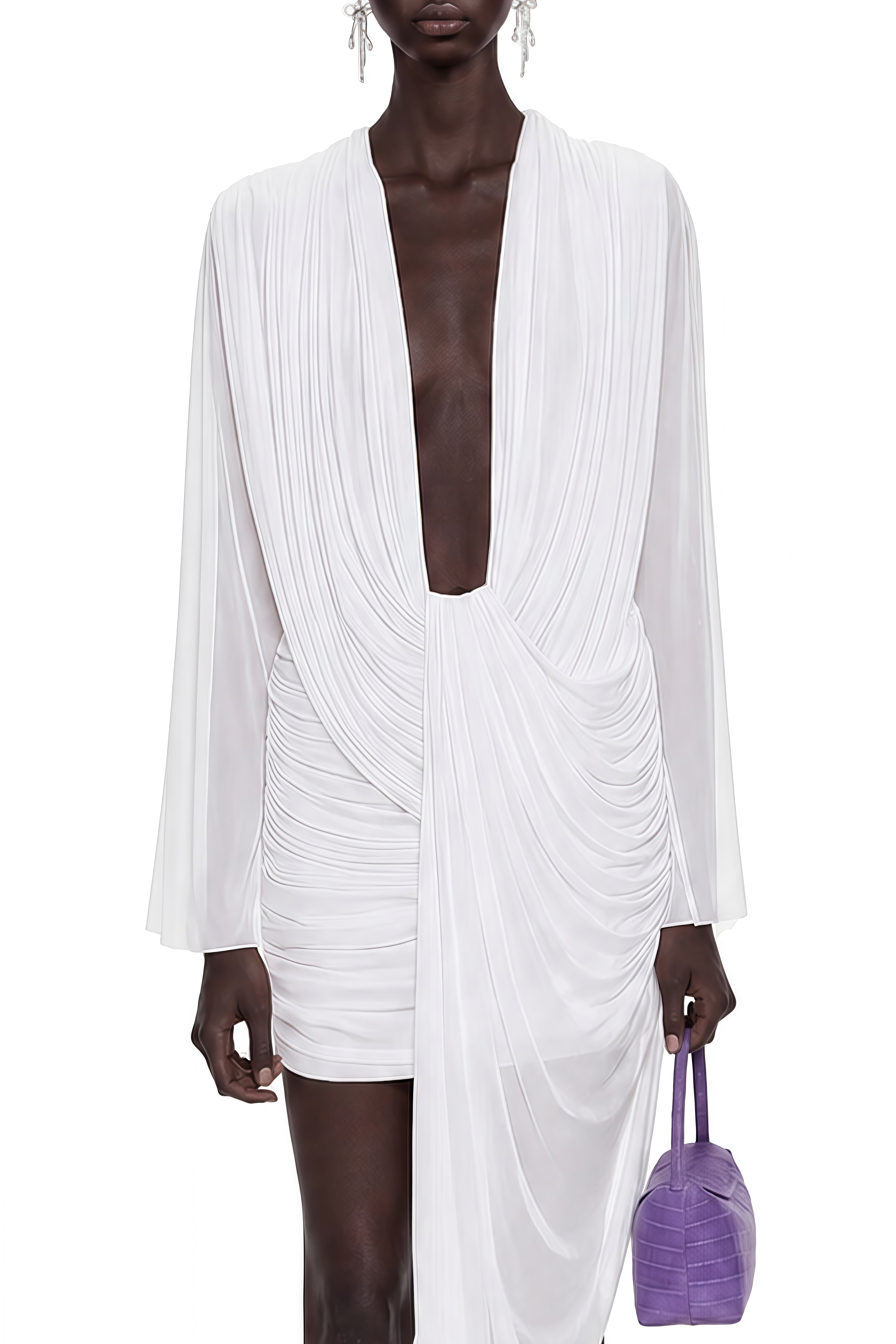 Vesper White Long Sleeves Draped Mini Dress