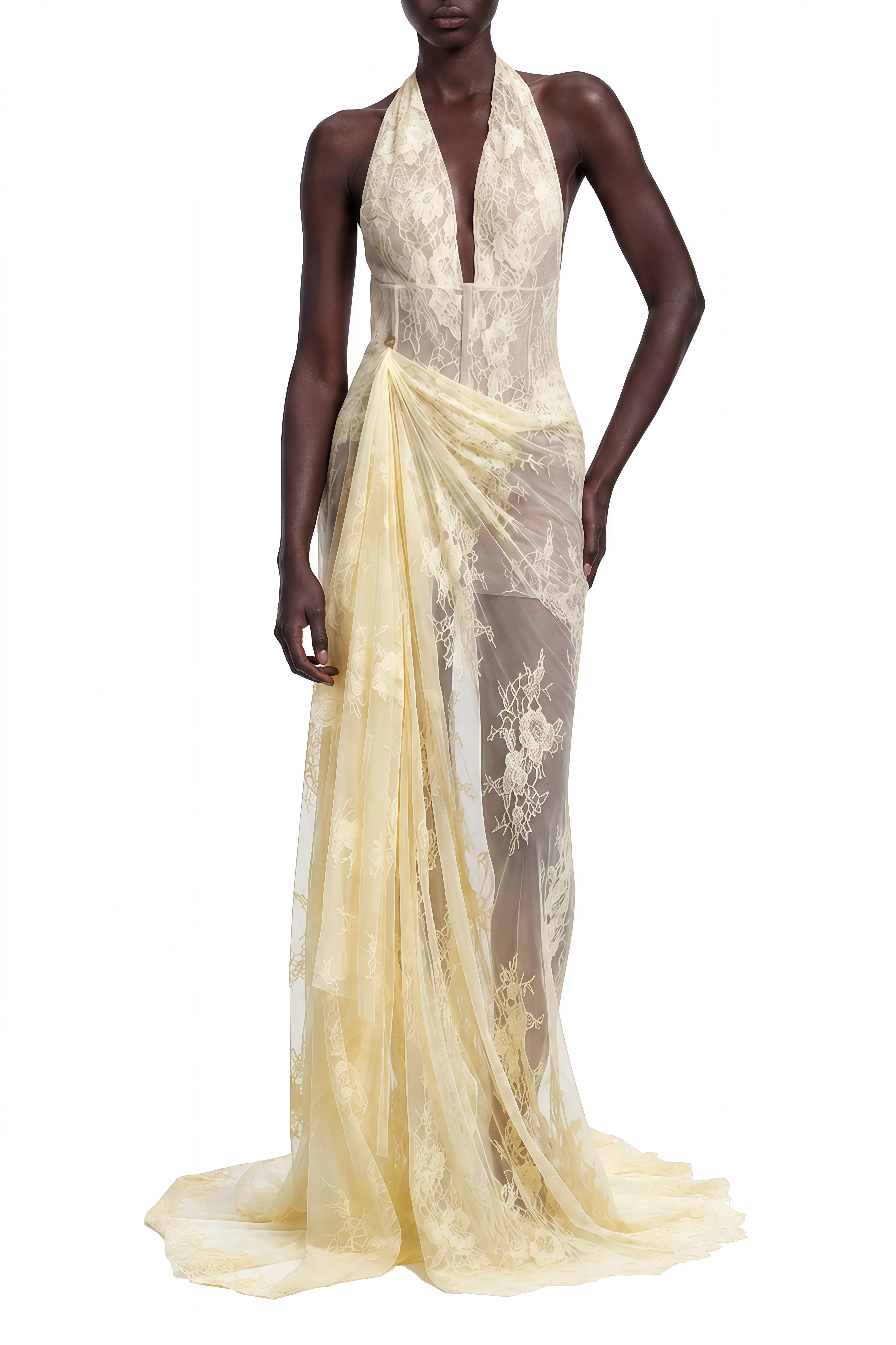 Linnea Yellow Halterneck Lace Maxi Dress