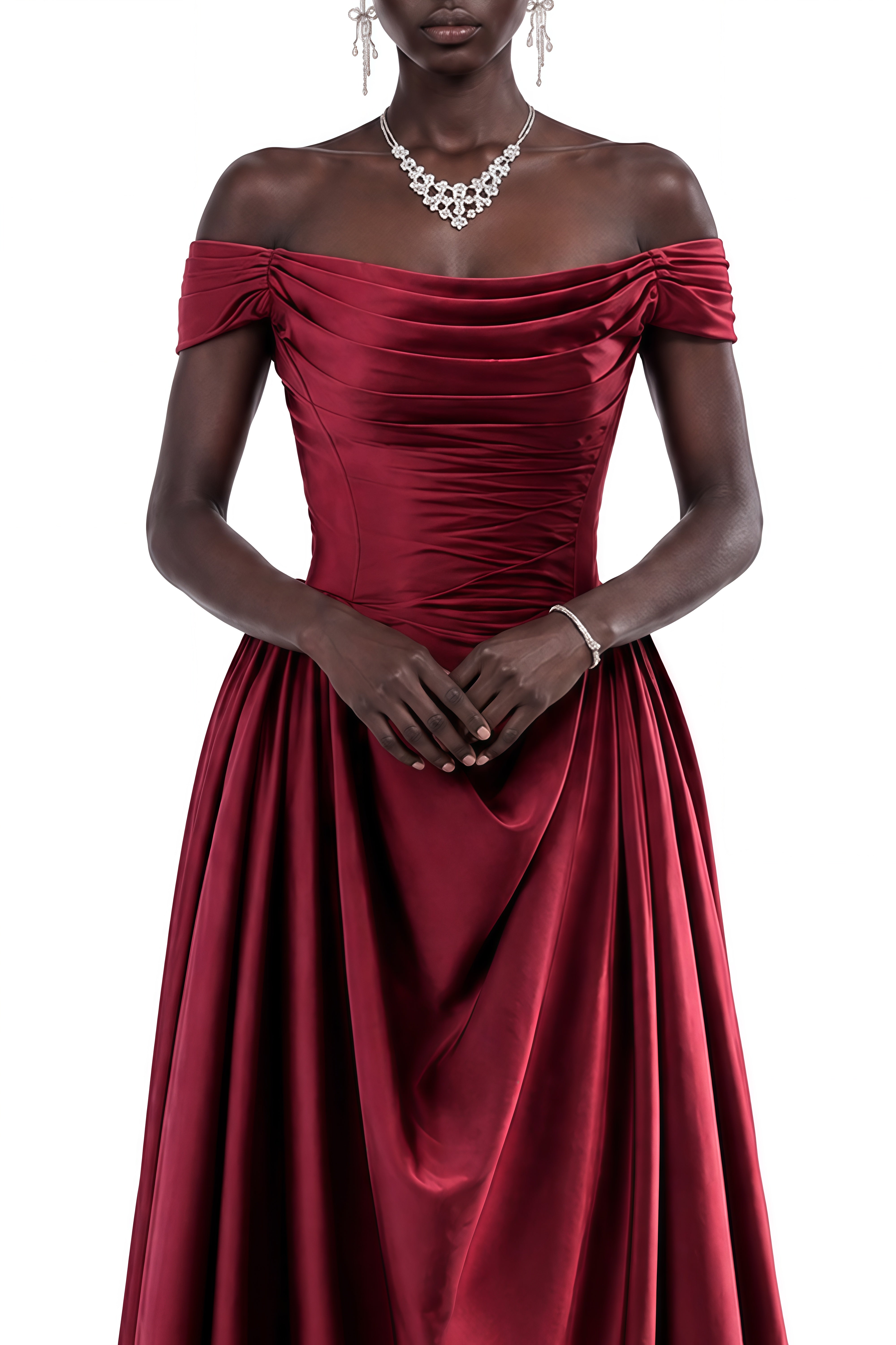 Adeline Red Off Shoulder Ruched Maxi Dress