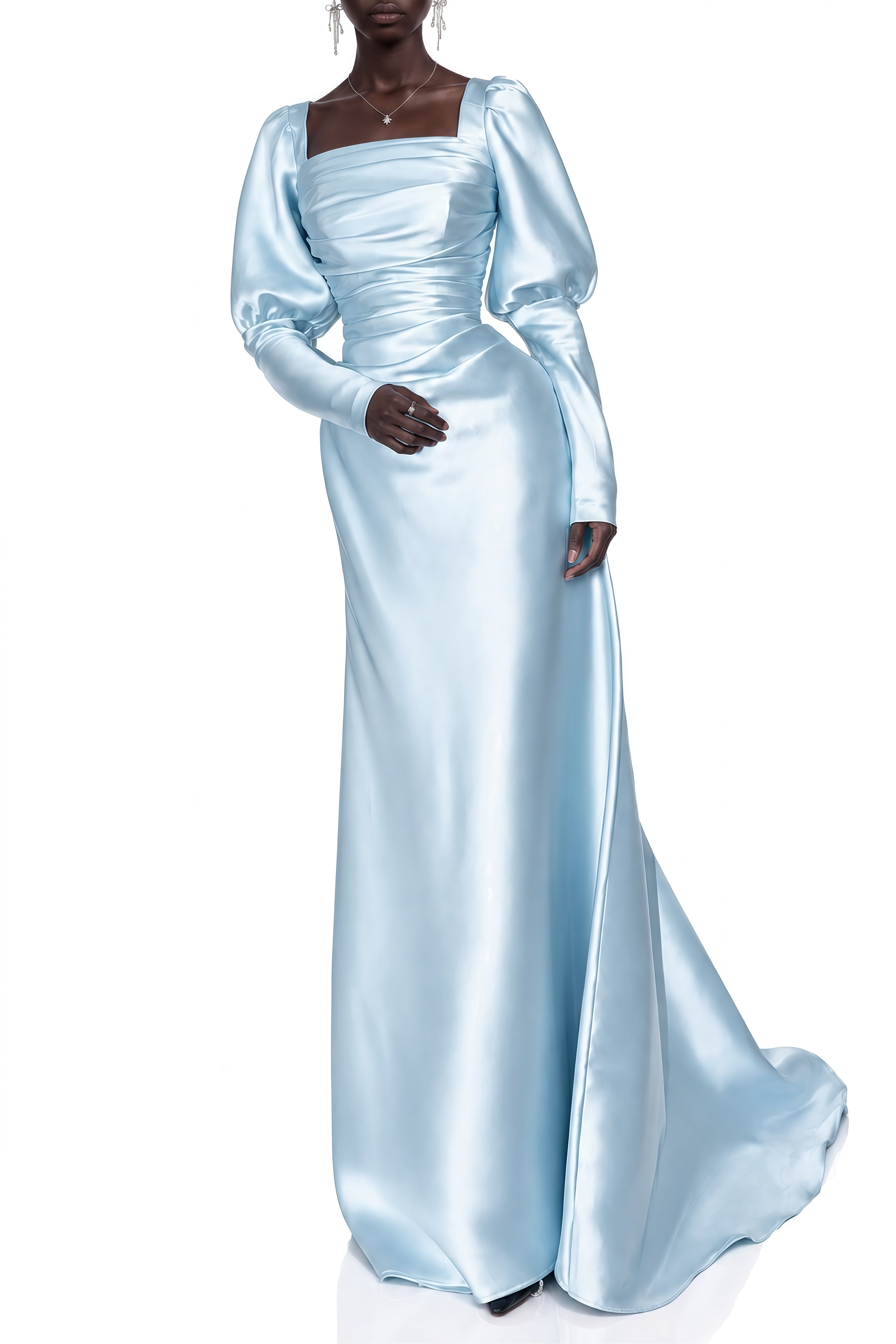 Isolde Blue Long Sleeves Ruched Maxi Dress