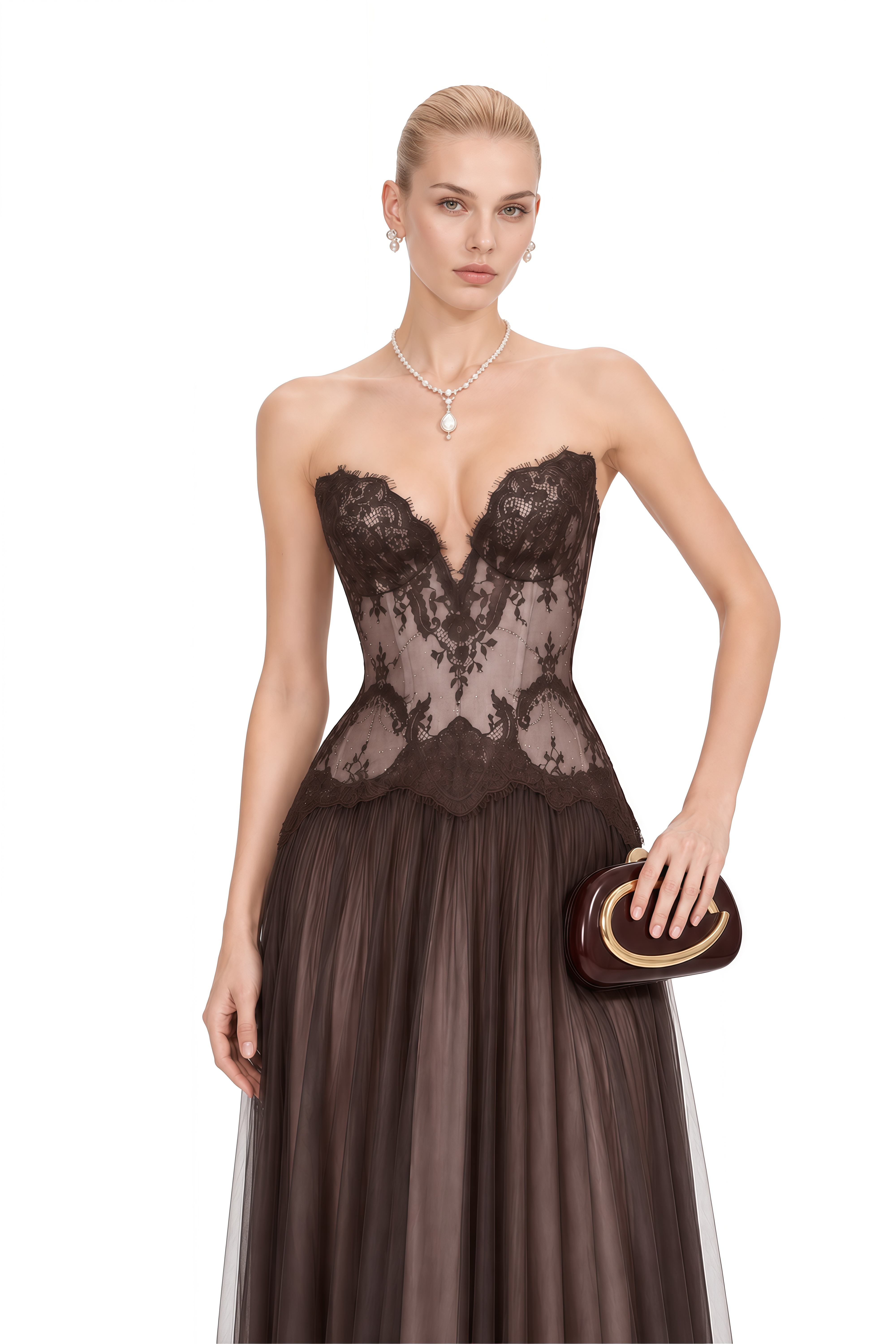 Grace Brown Sweetheart Neck Lace Maxi Dress