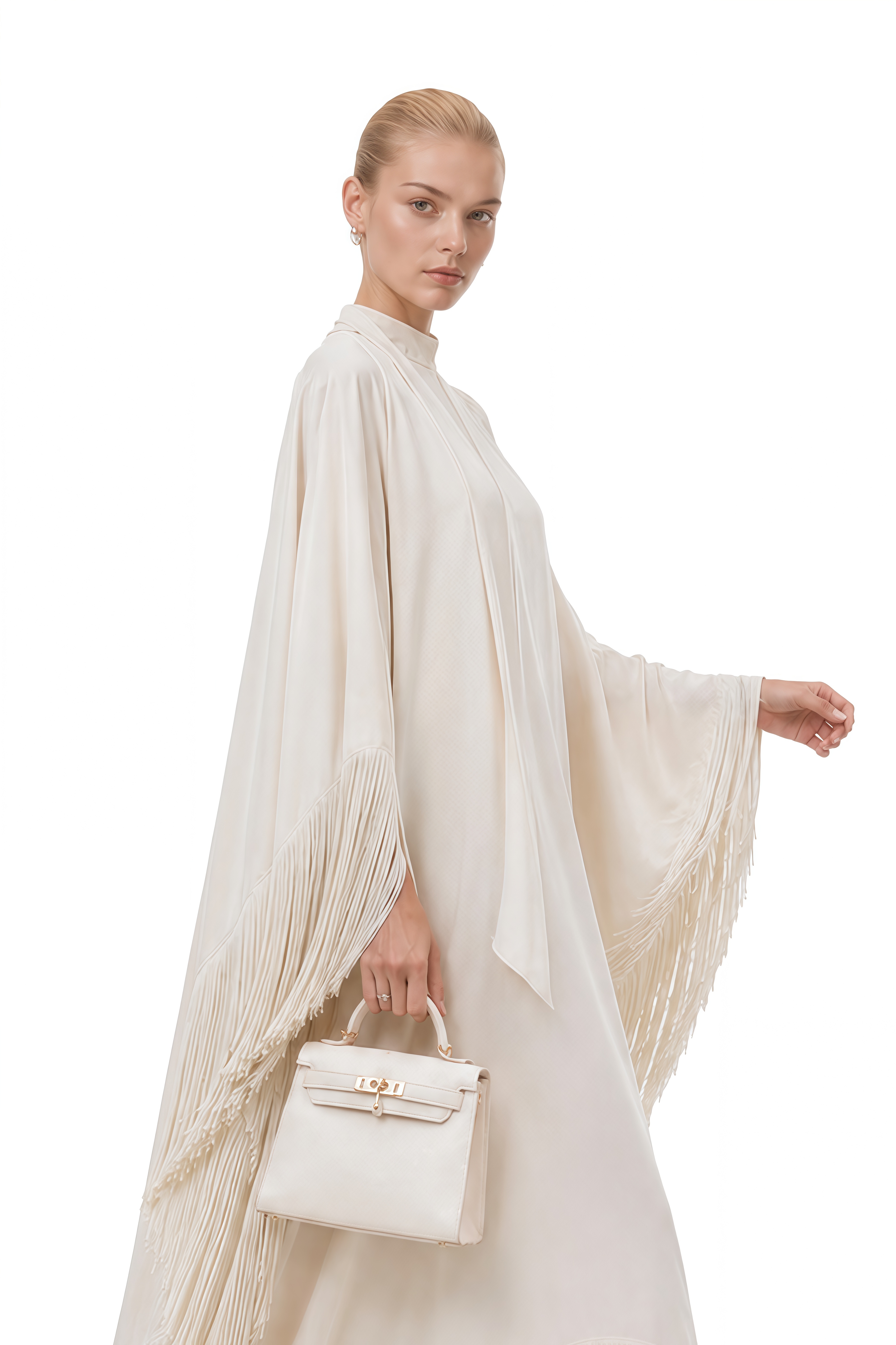 Thalia Ivory Cape Sleeves Fringe Maxi Dress