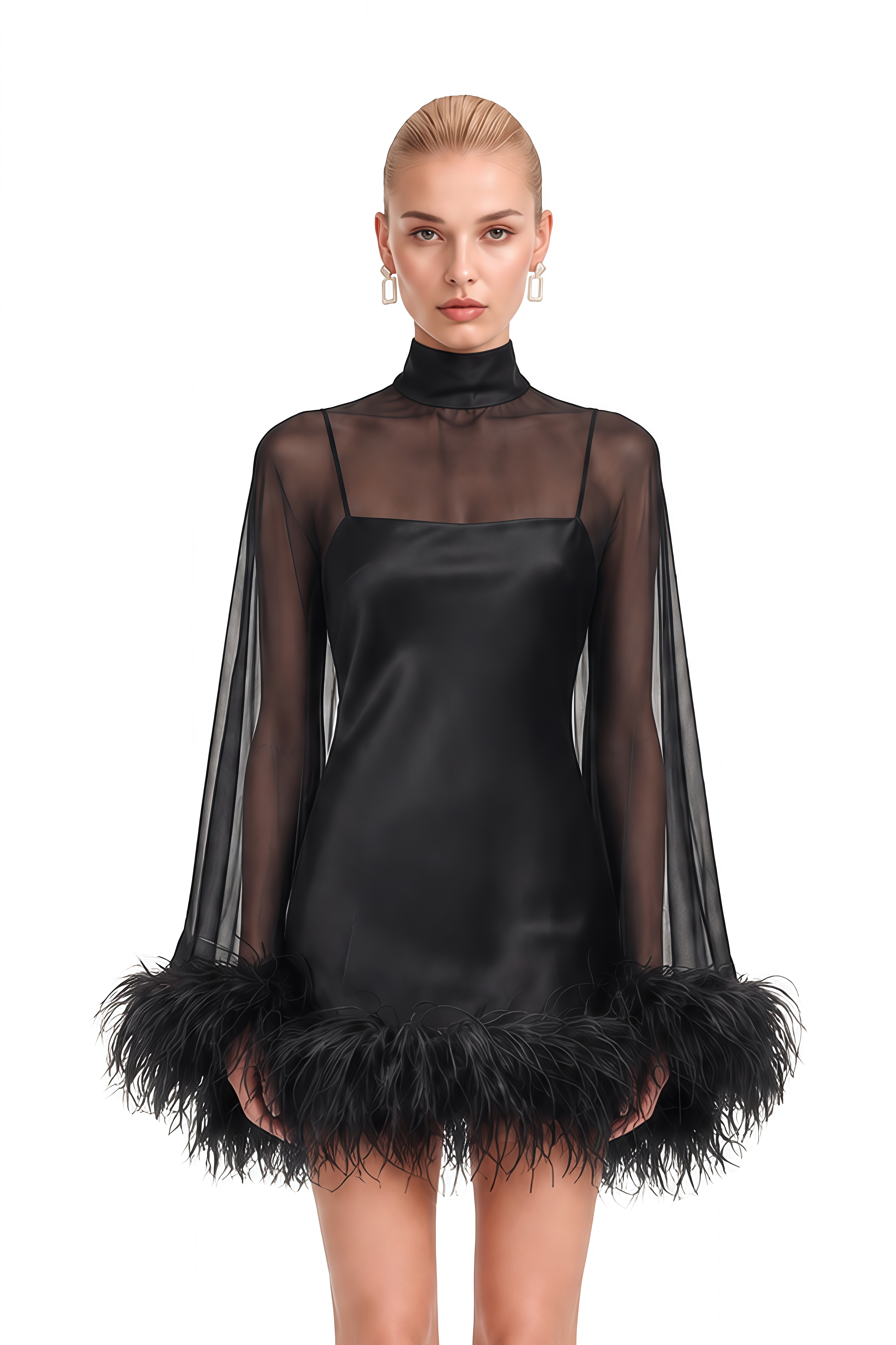 Ivy Black Turtleneck Feather-Trim Mini Dress