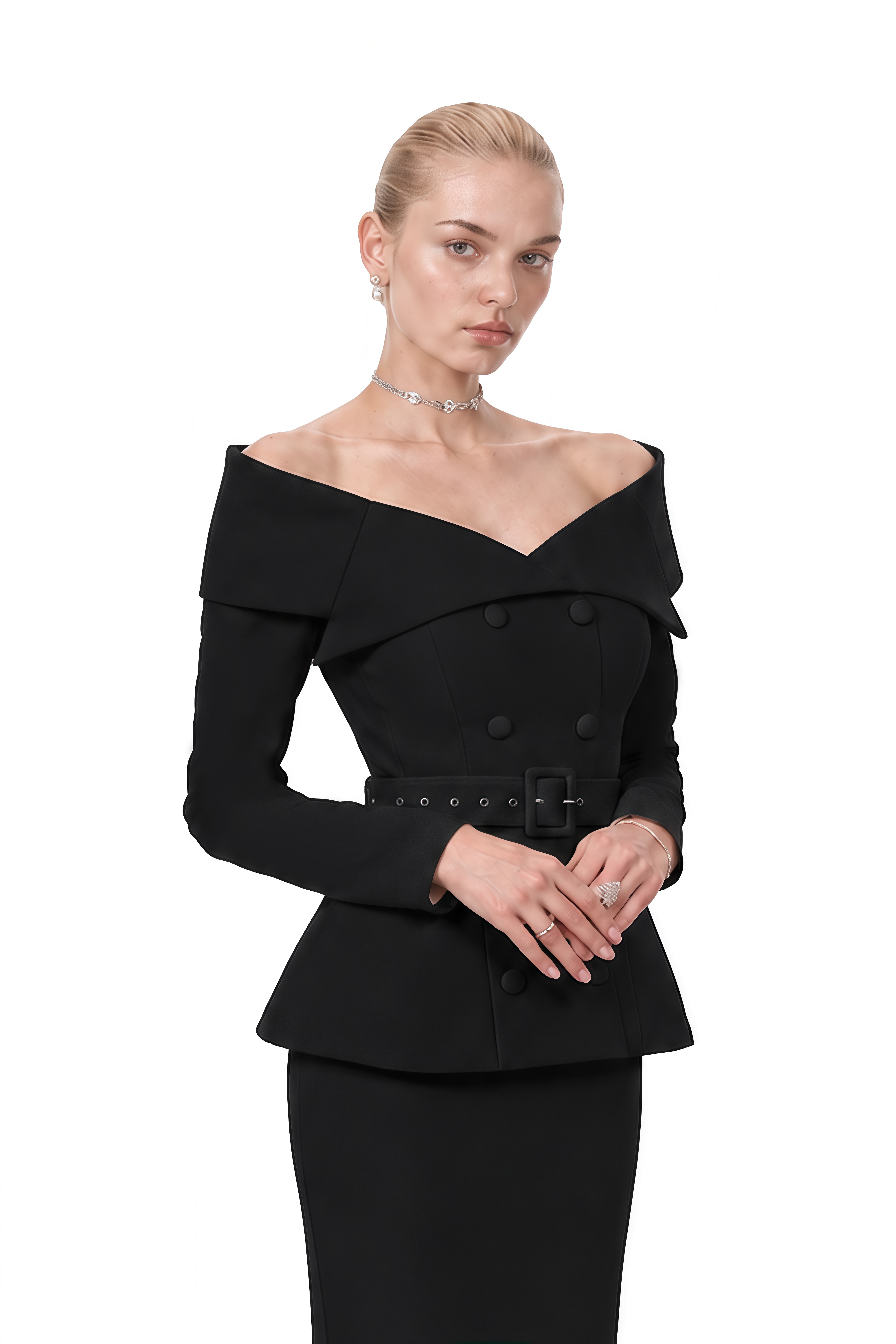 Beatrice Black Off Shoulder Belted Top & Skirt Set