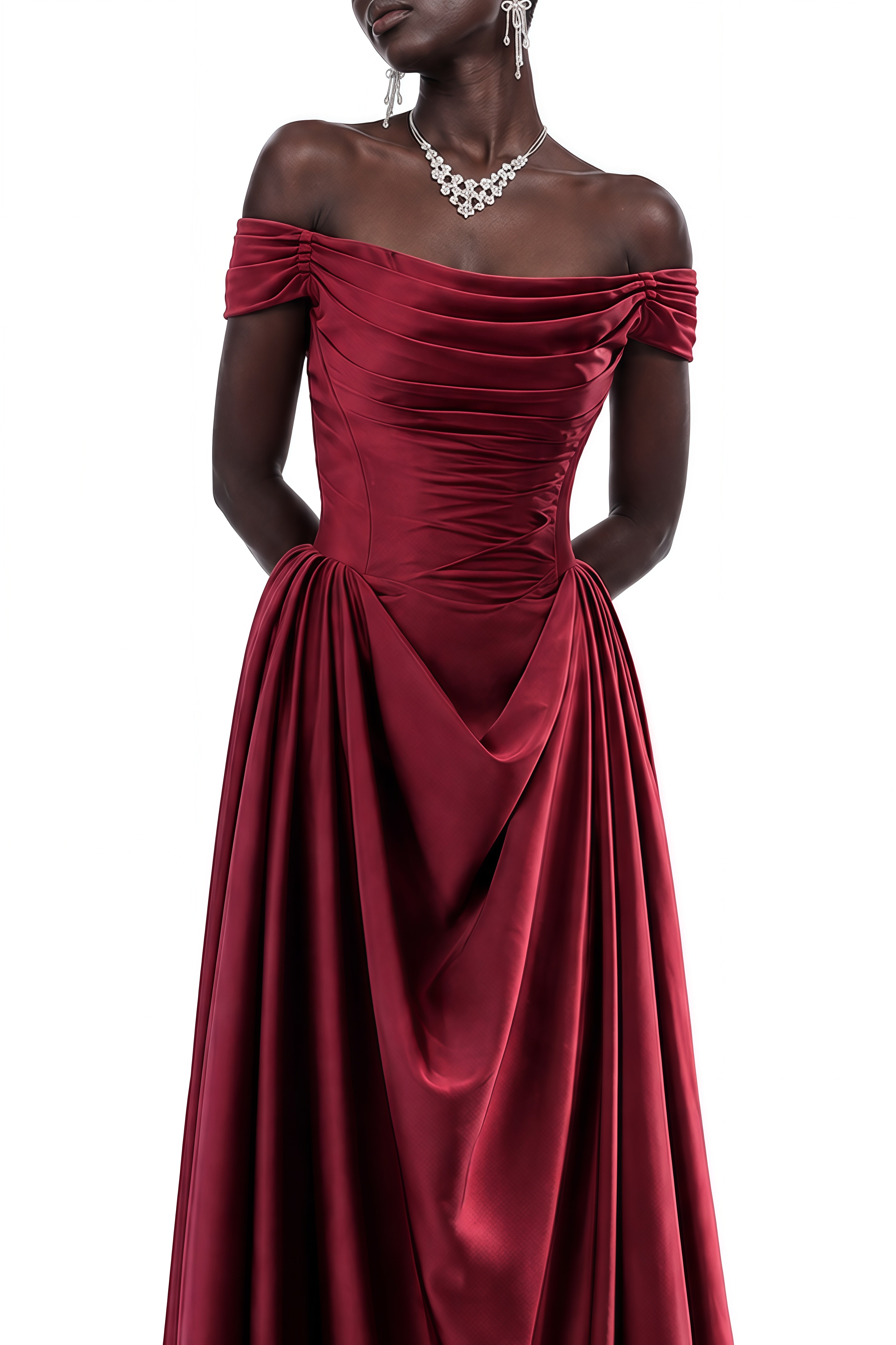 Adeline Red Off Shoulder Ruched Maxi Dress