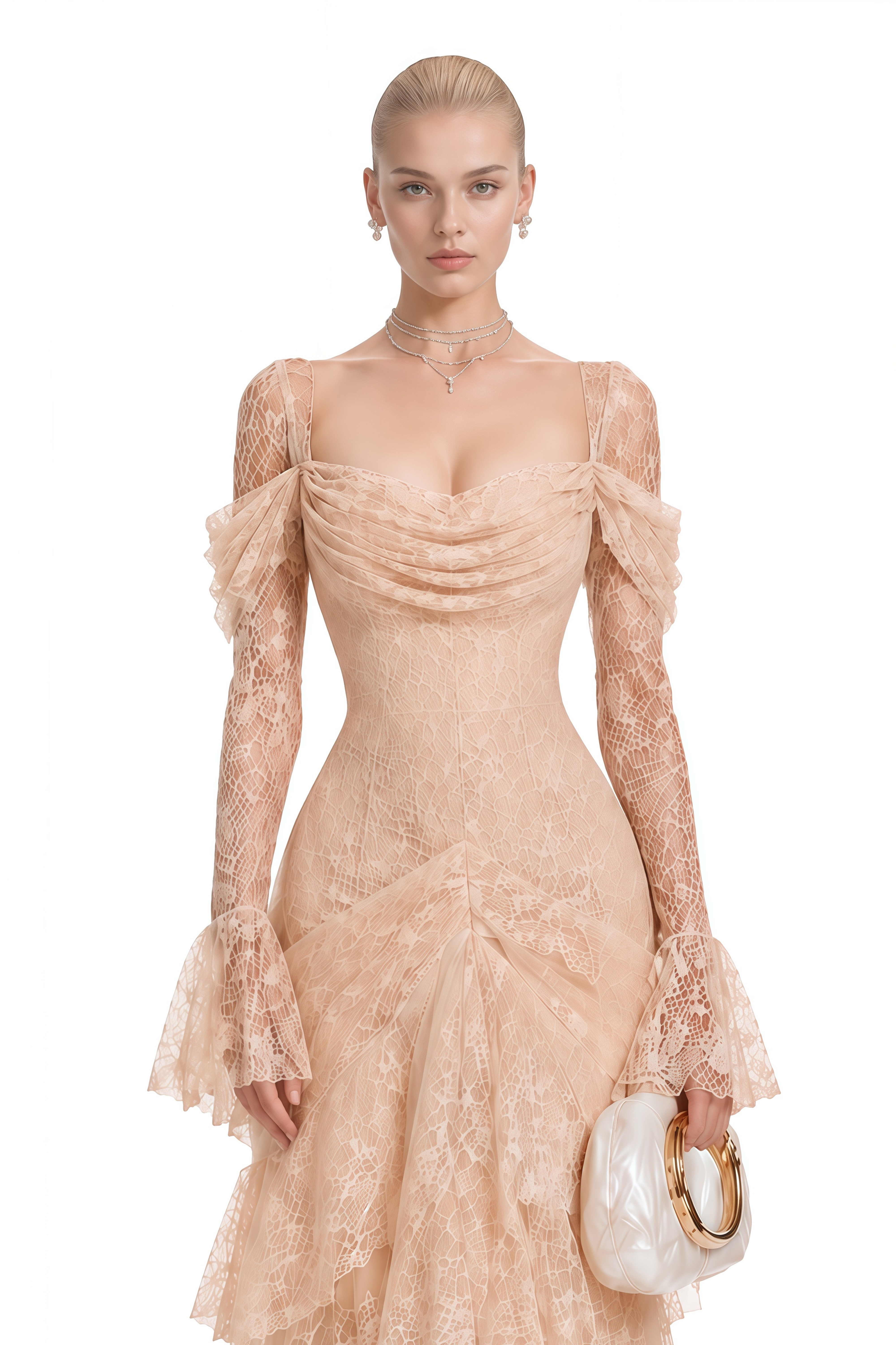 Viola Neutral Long Sleeves Lace Maxi Dress
