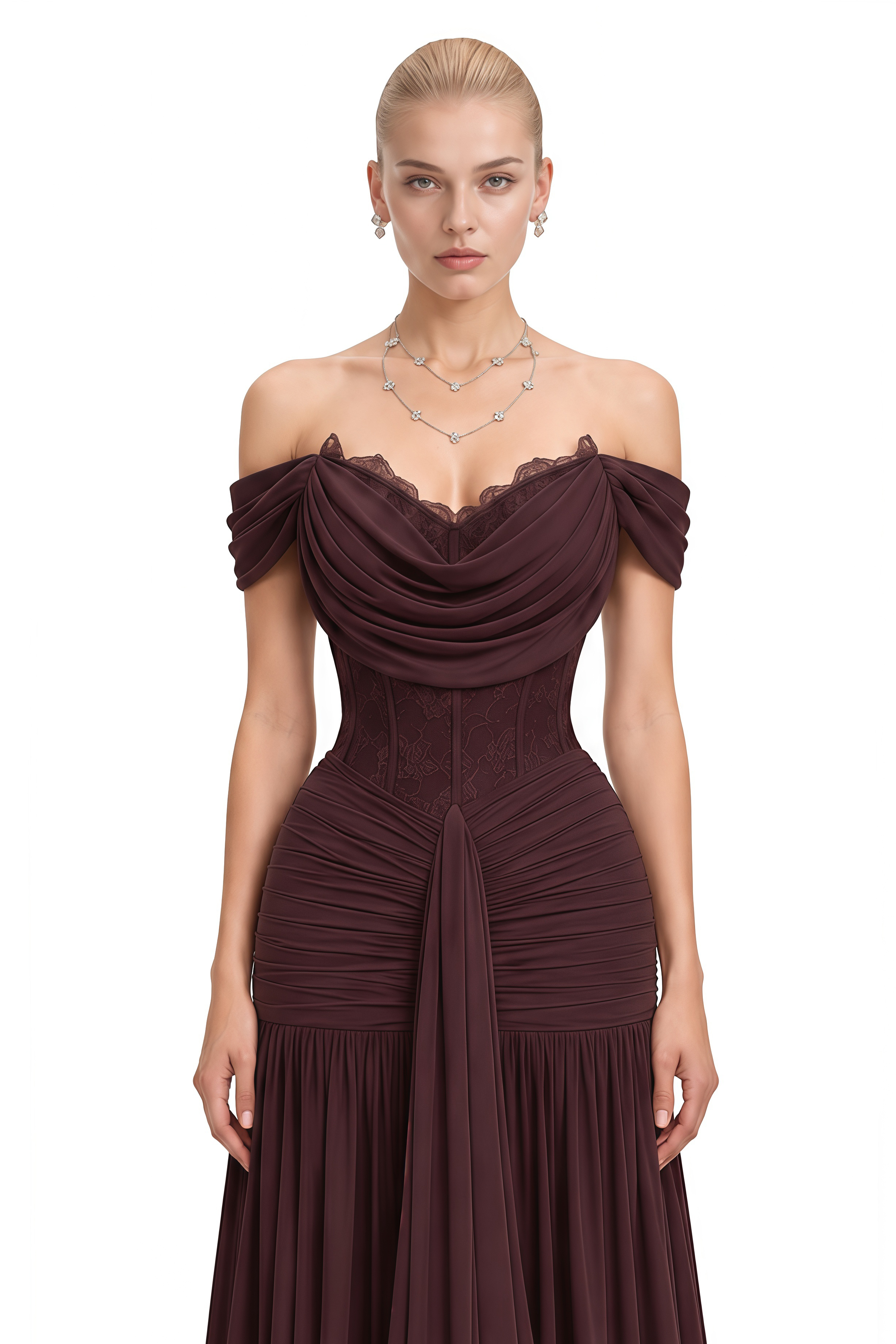 Portia Dark Brown Off Shoulder Lace Maxi Dress