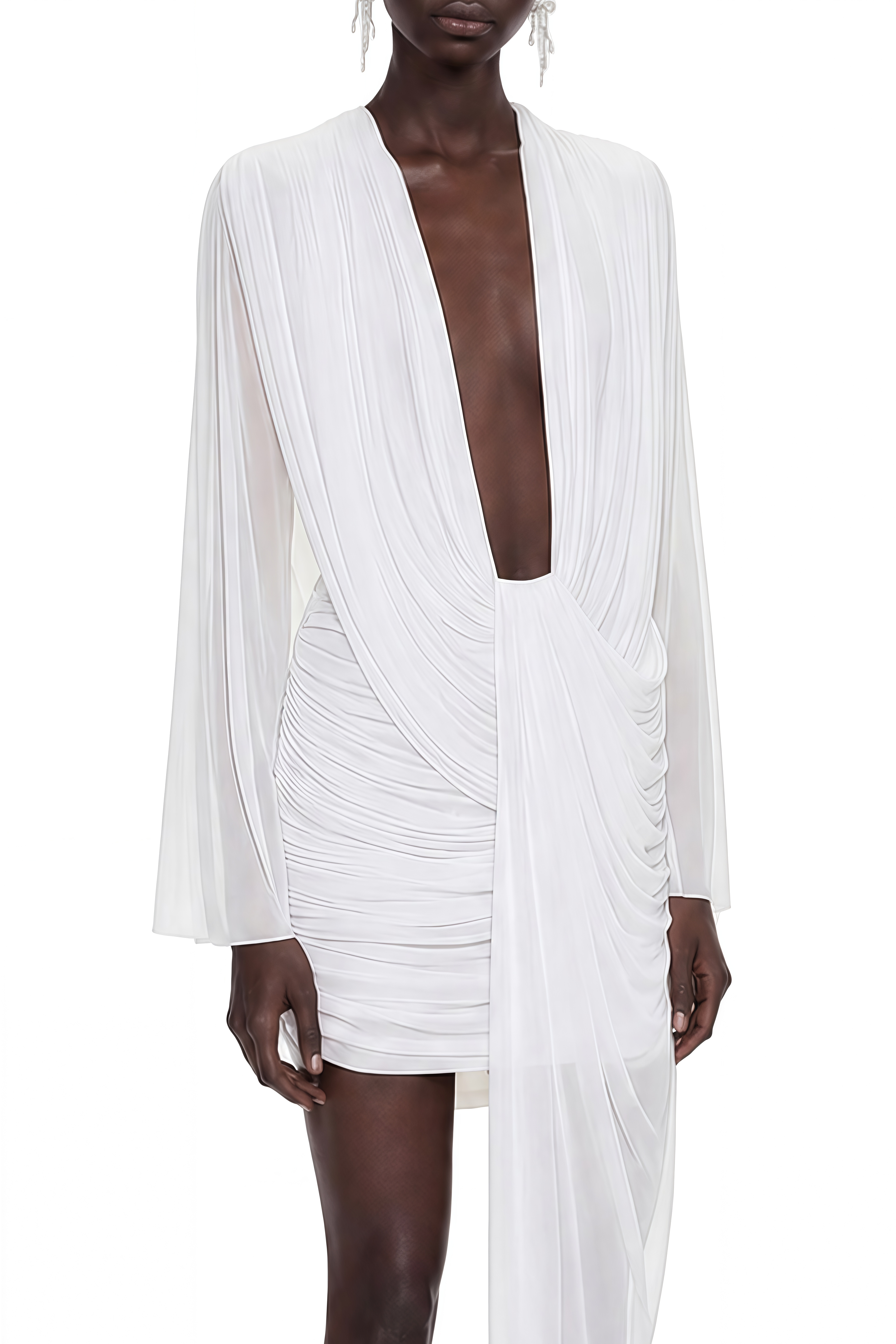 Vesper White Long Sleeves Draped Mini Dress