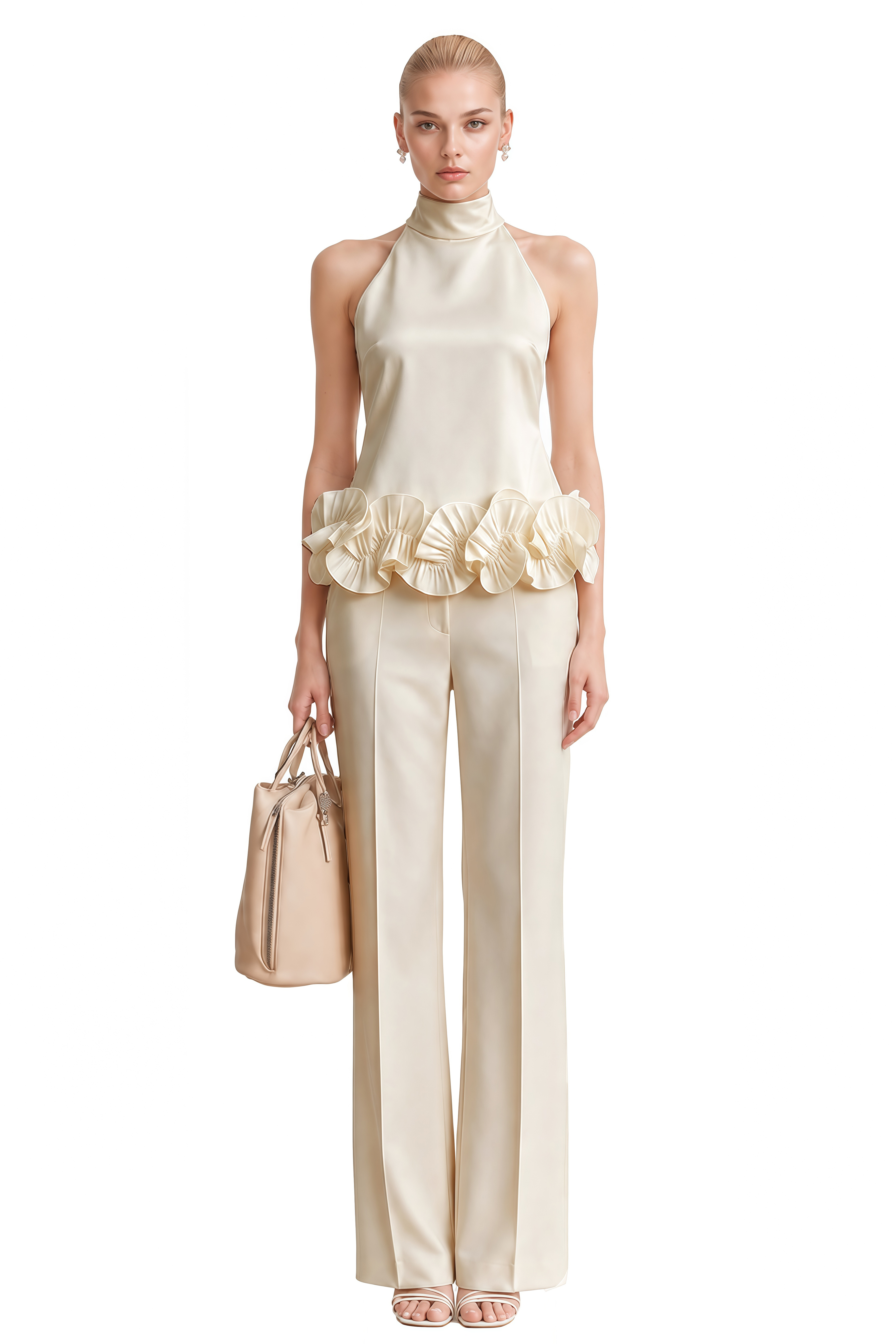 Vesper Ivory Turtleneck Ruffled Top & Trousers Set