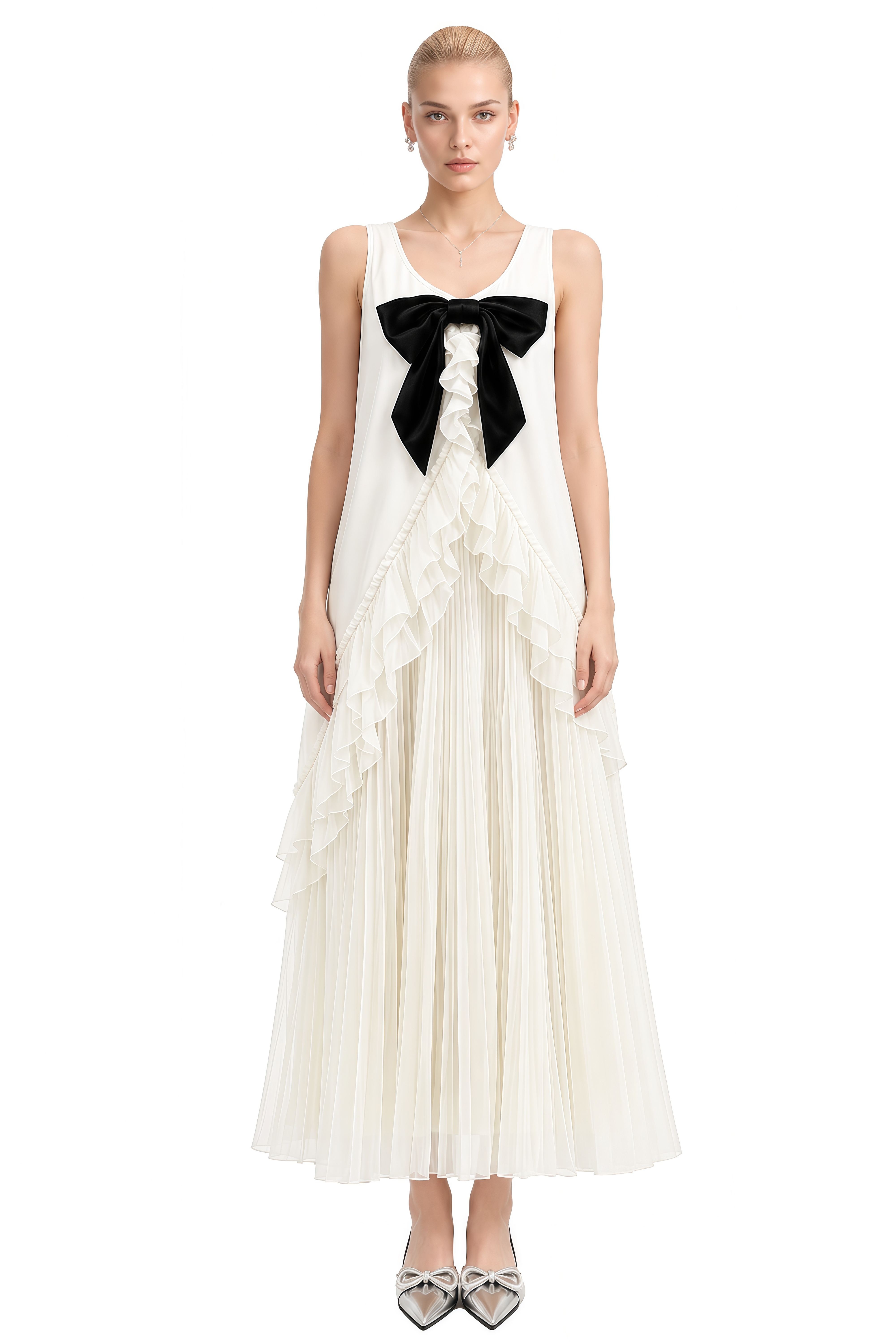 Margaret Ivory Sleeveless Bow Maxi Dress