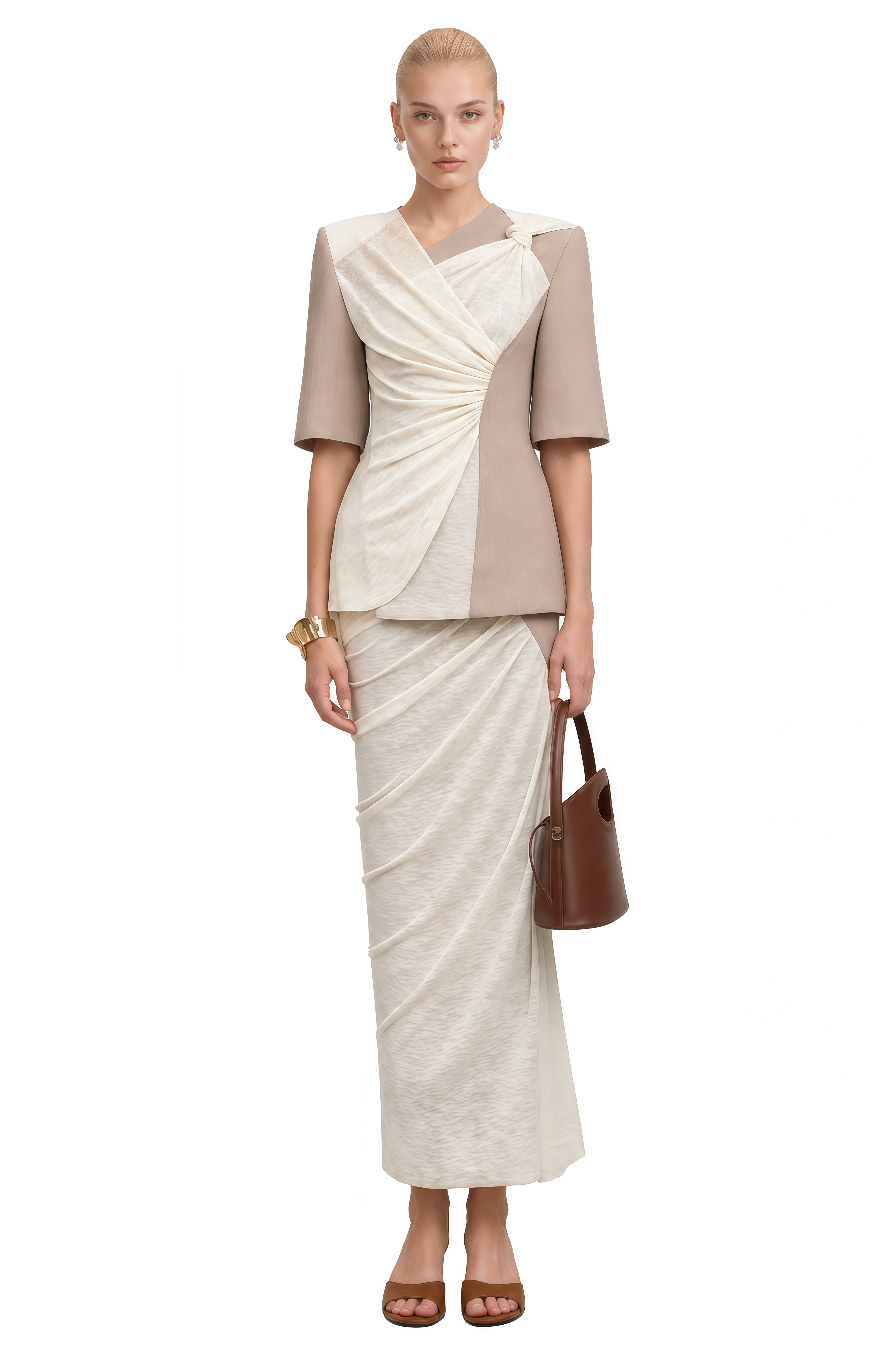 Lydia Ivory Asymmetrical Contrast Panel Top & Skirt Set