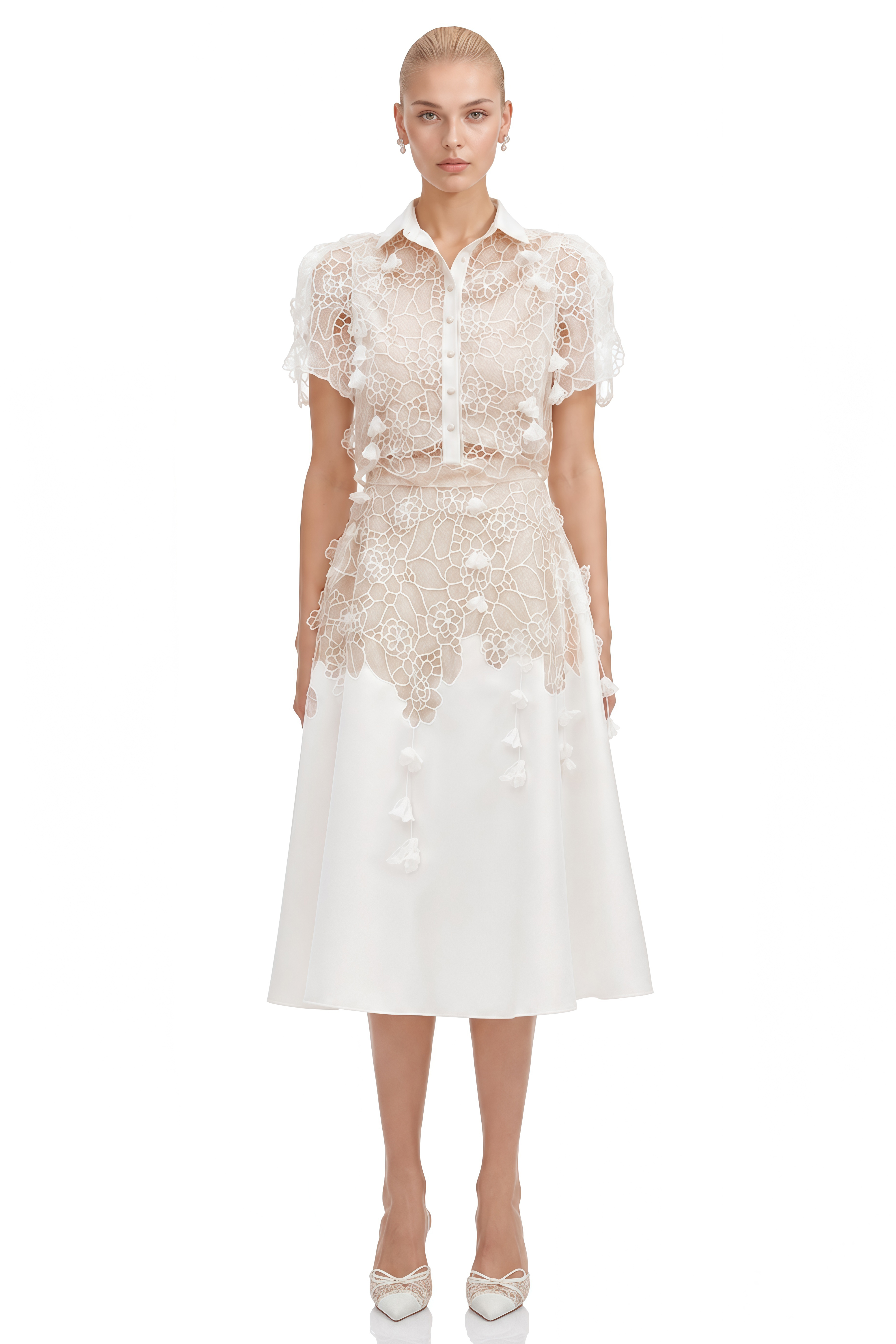 Zephyra White Short Sleeves Lace Top & Skirt Set