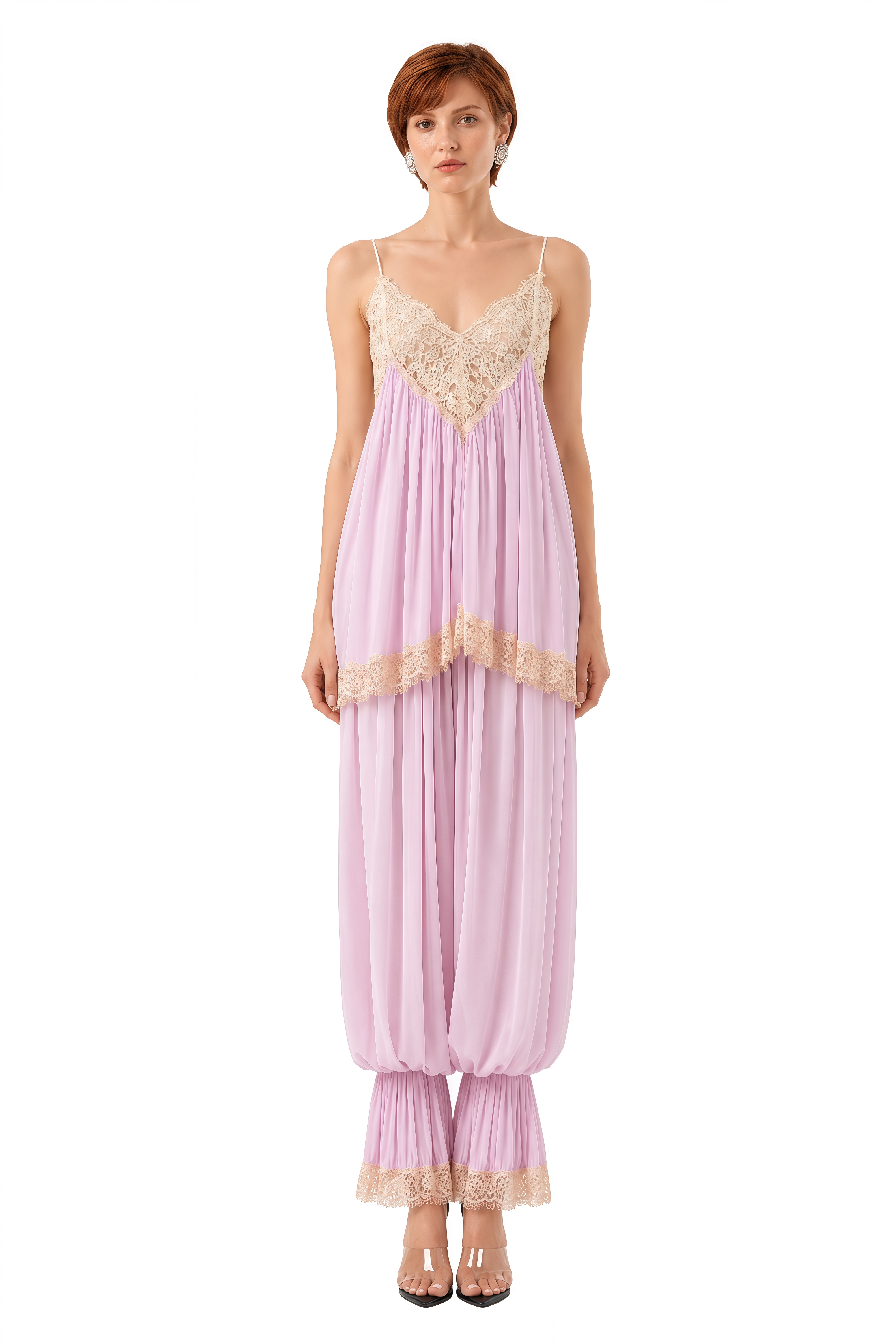 Flora Pink Draped Lace Top & Trousers Set