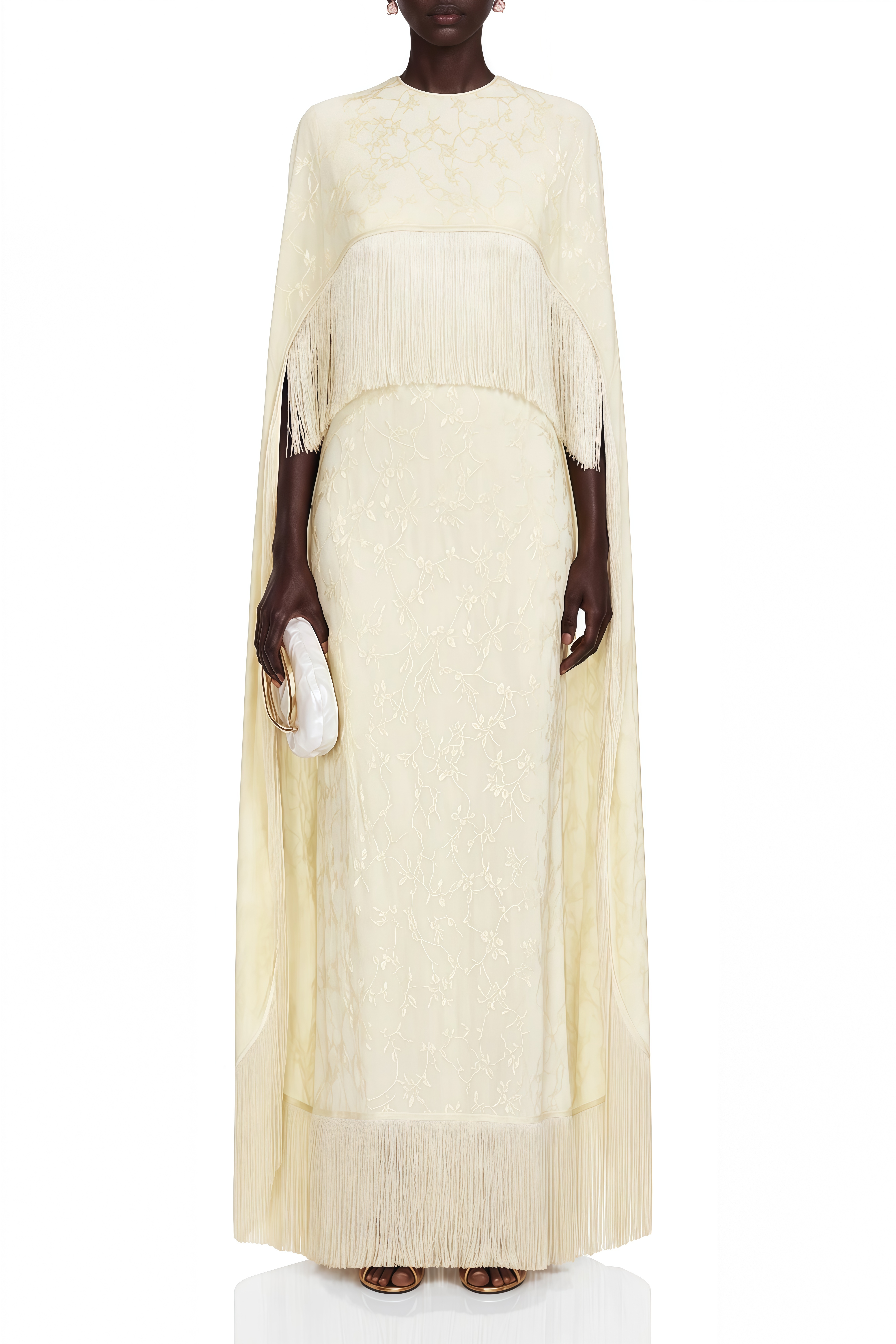 Mireille Yellow Cape Design Fringe Maxi Dress