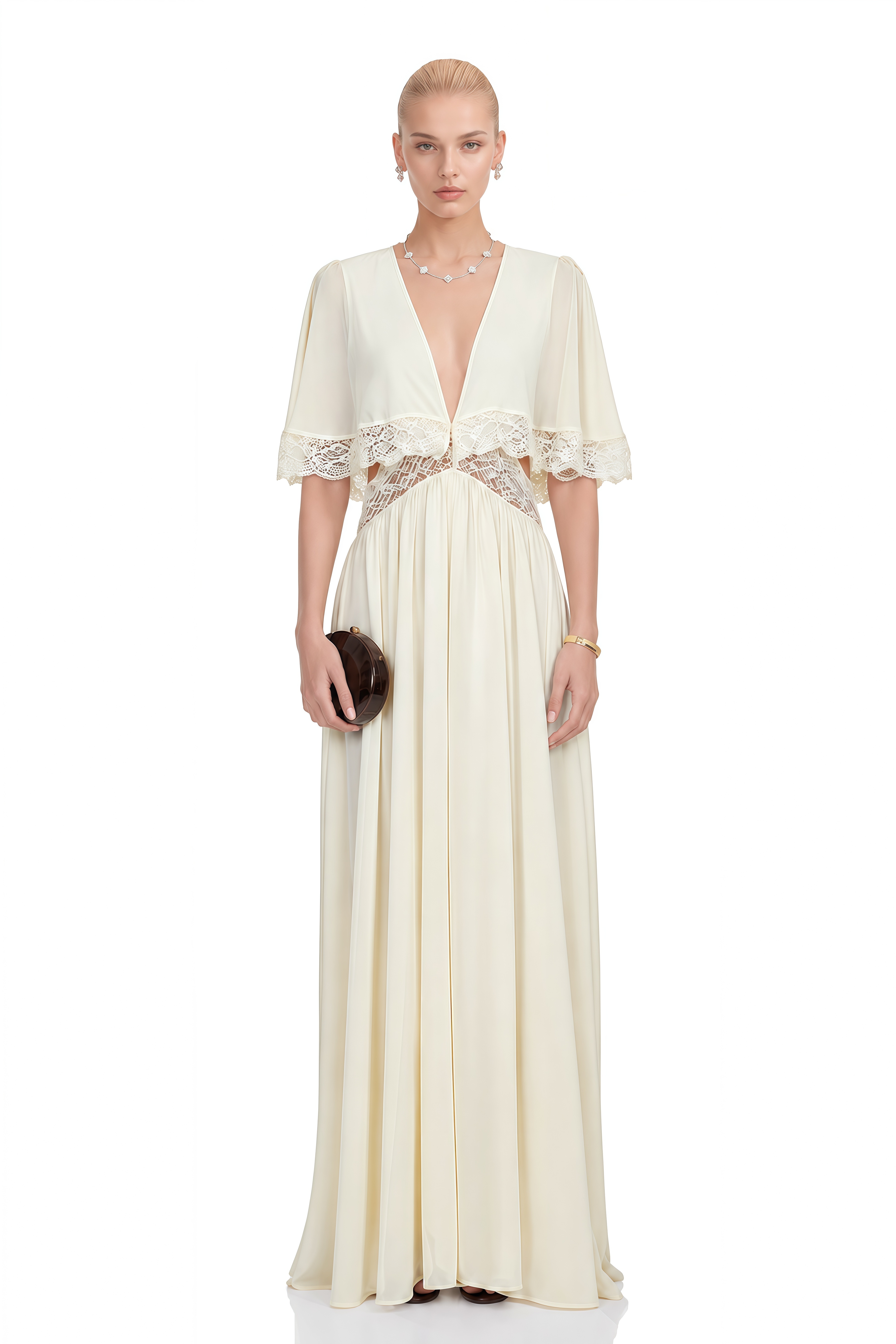 Eleanor Ivory Cape Sleeve Cut-Out Maxi Dress