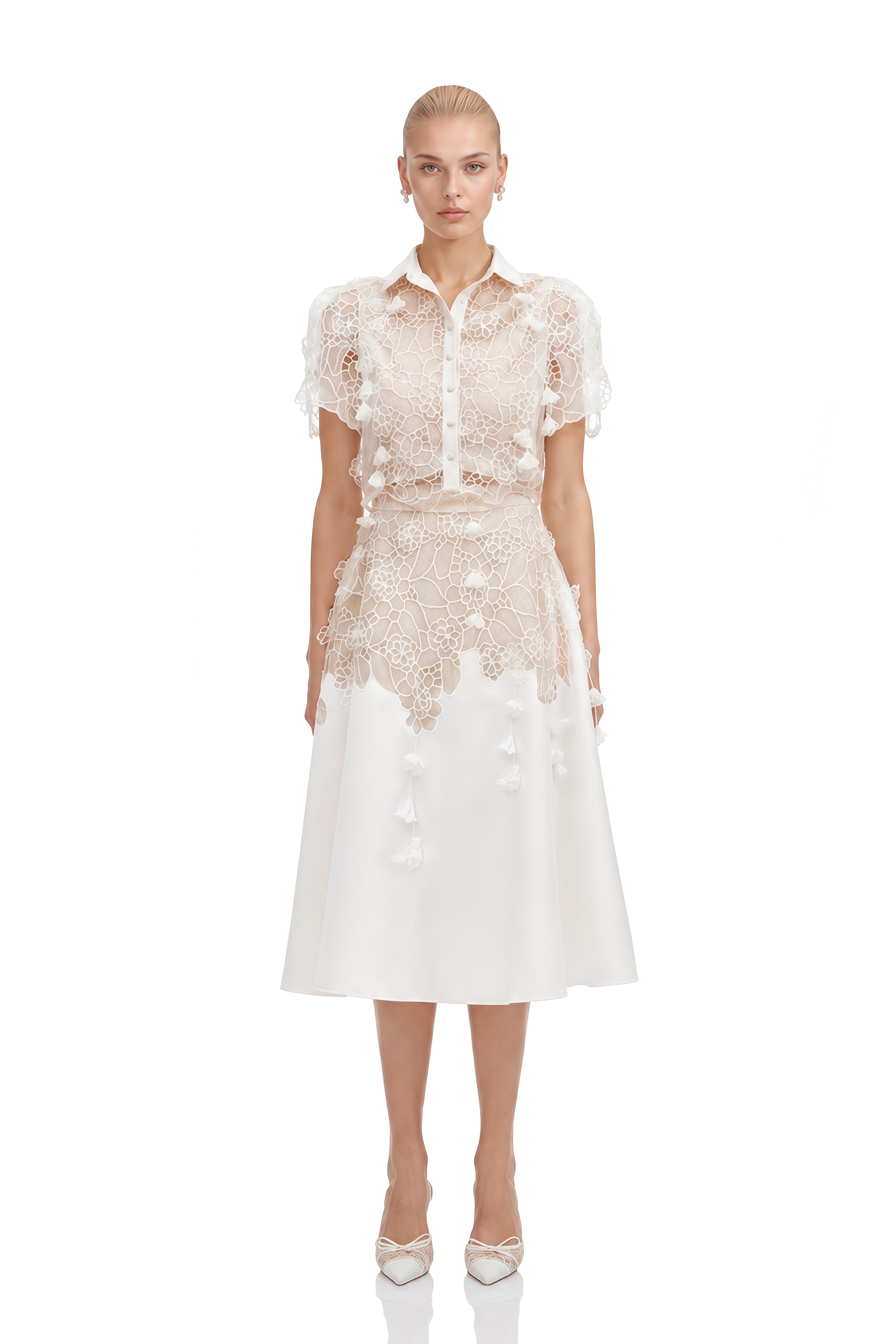 Zephyra White Short Sleeves Lace Top & Skirt Set