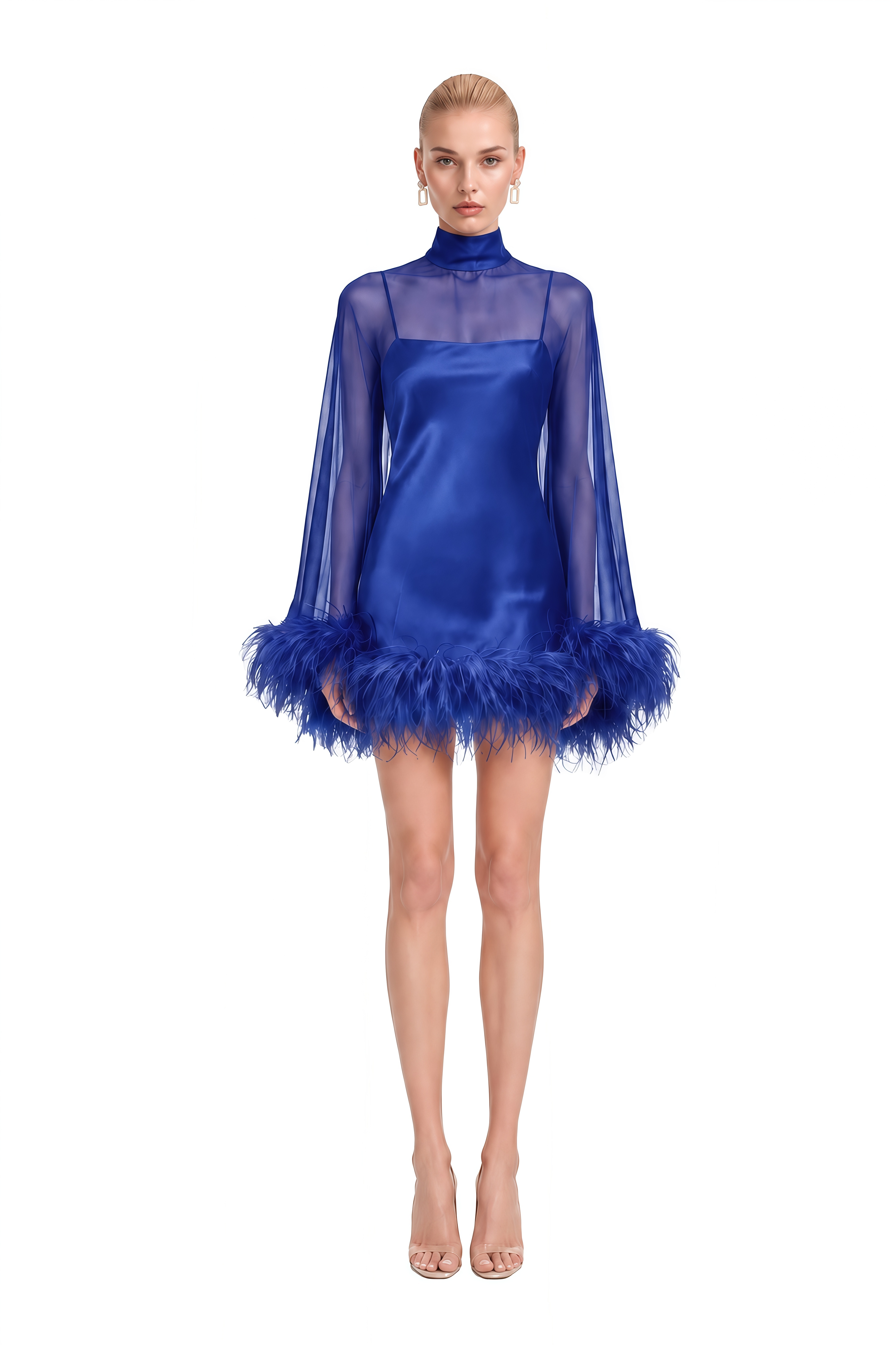 Ivy Blue Turtleneck Feather-Trim Mini Dress