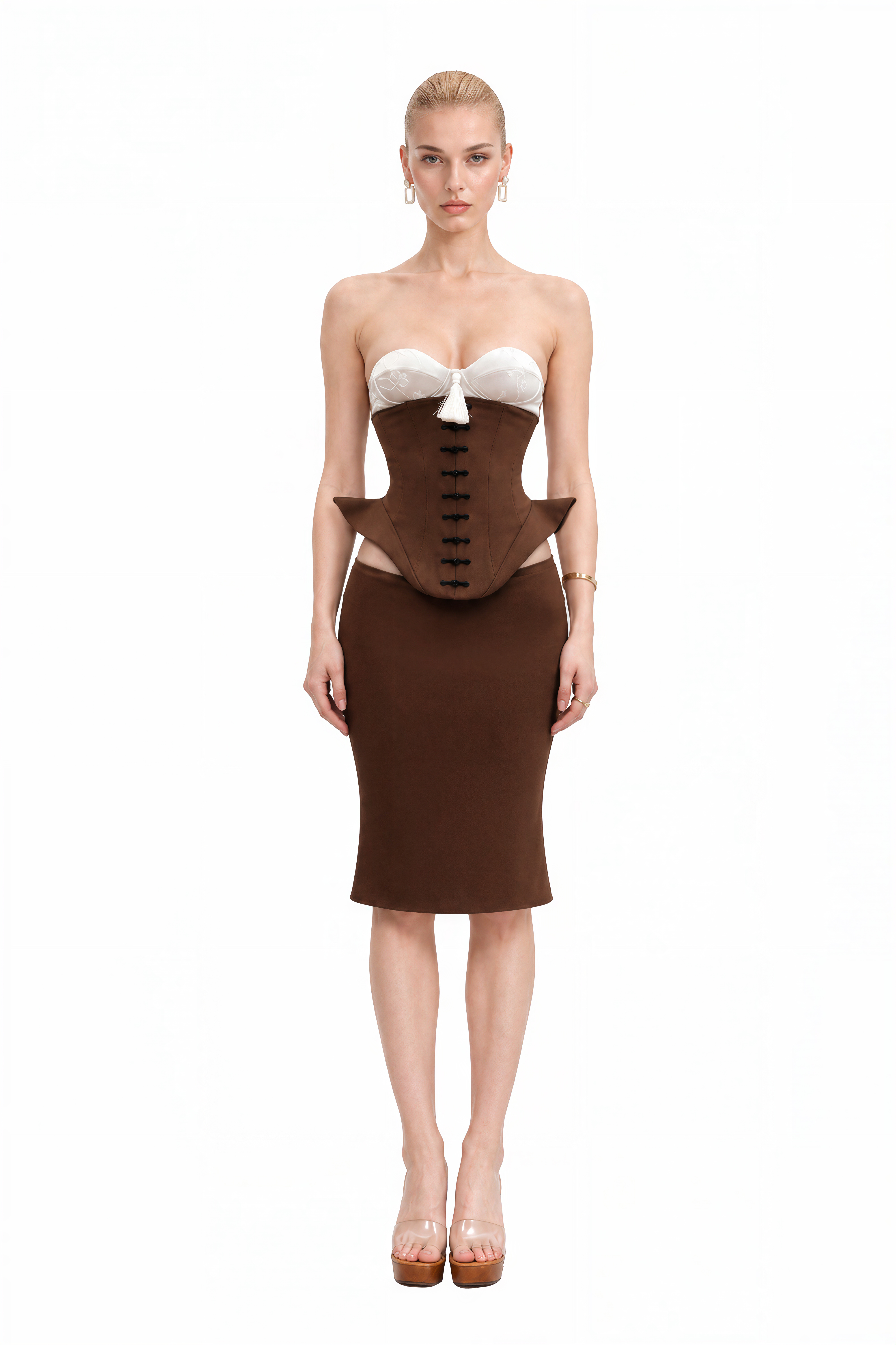 Camille Brown Sweetheart Neck Lace Top & Skirt Set
