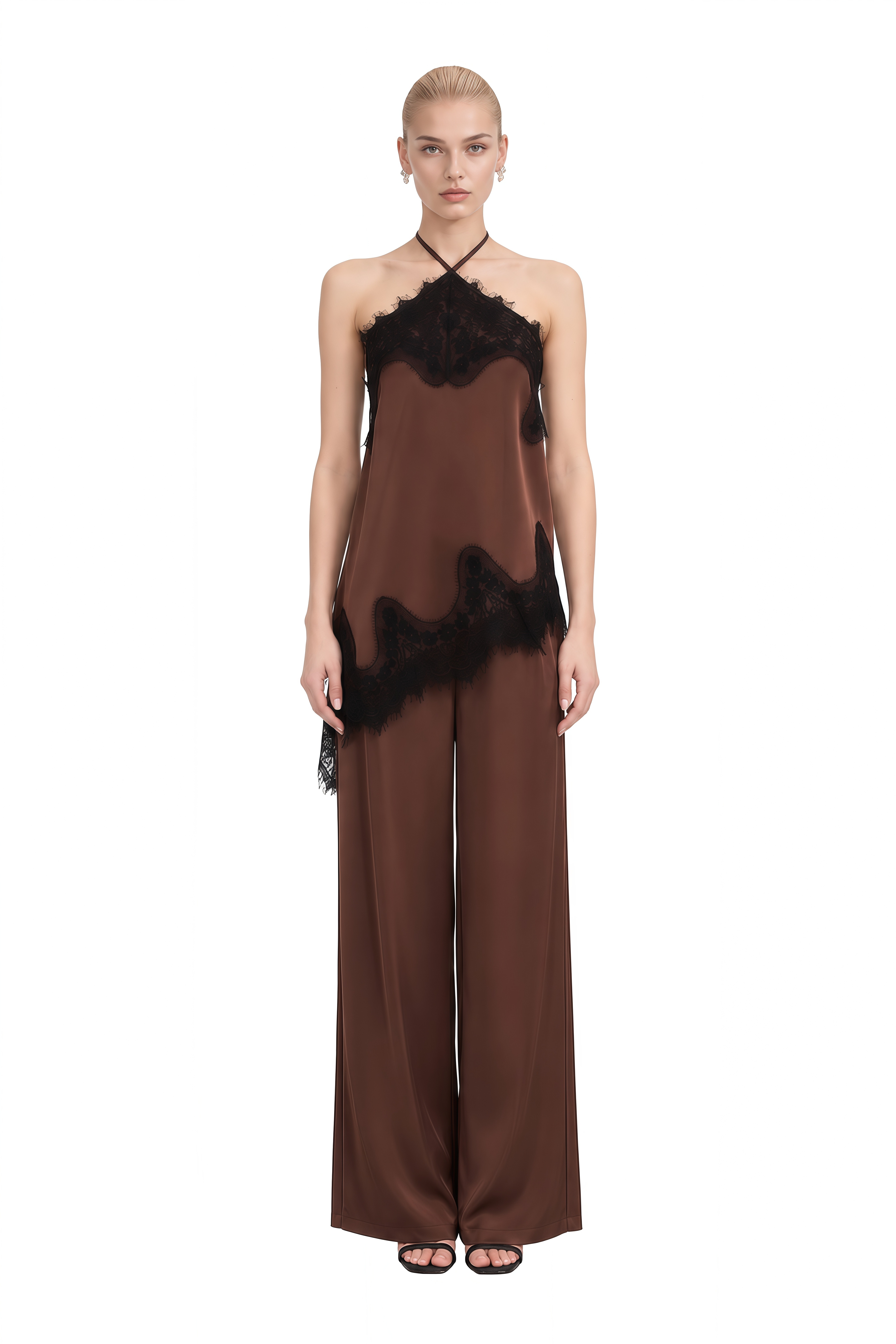 Diana Brown Halterneck Asymmetrical Top & Trousers Set