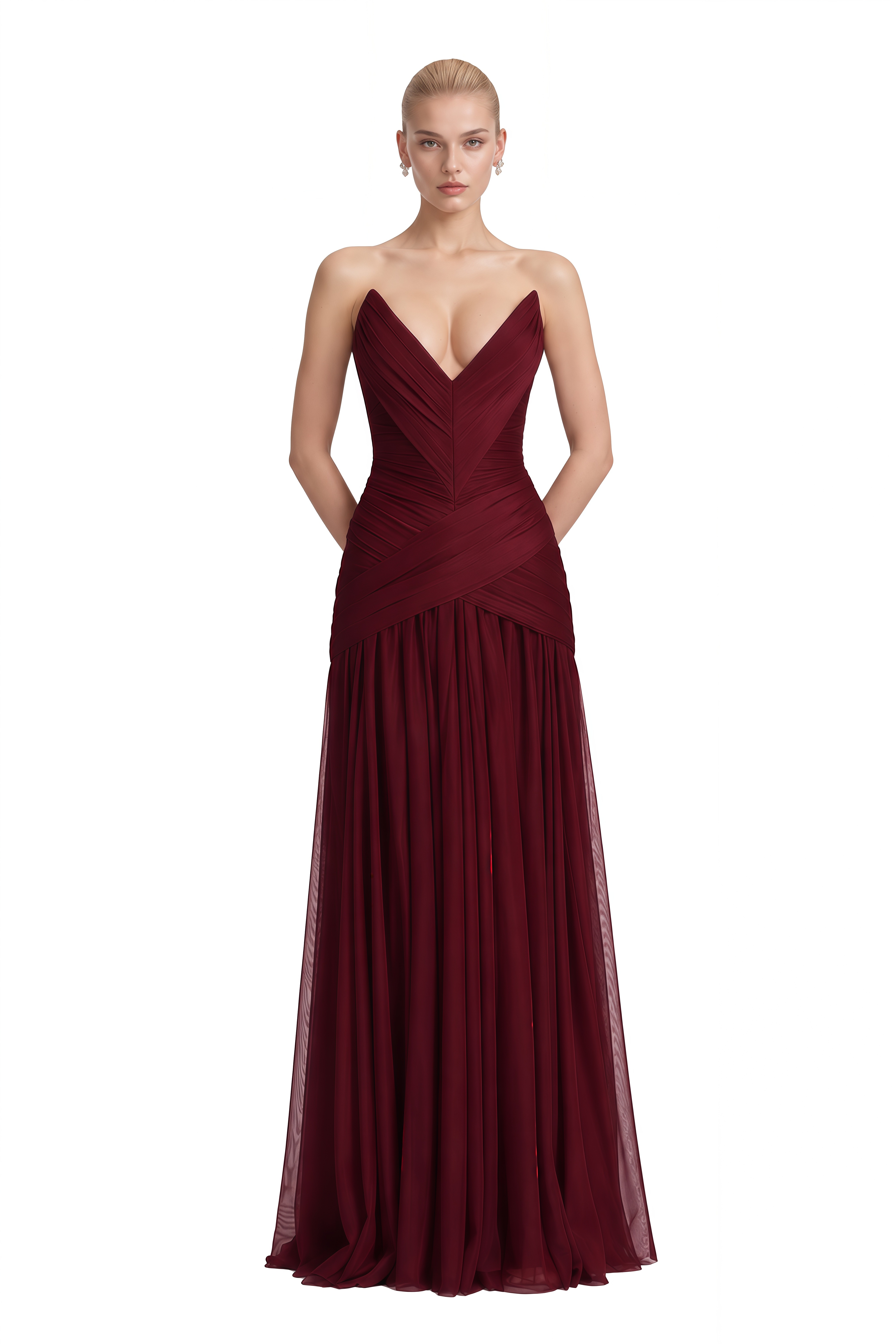 Serenity Burgundy Strapless V-Neck Maxi Dress