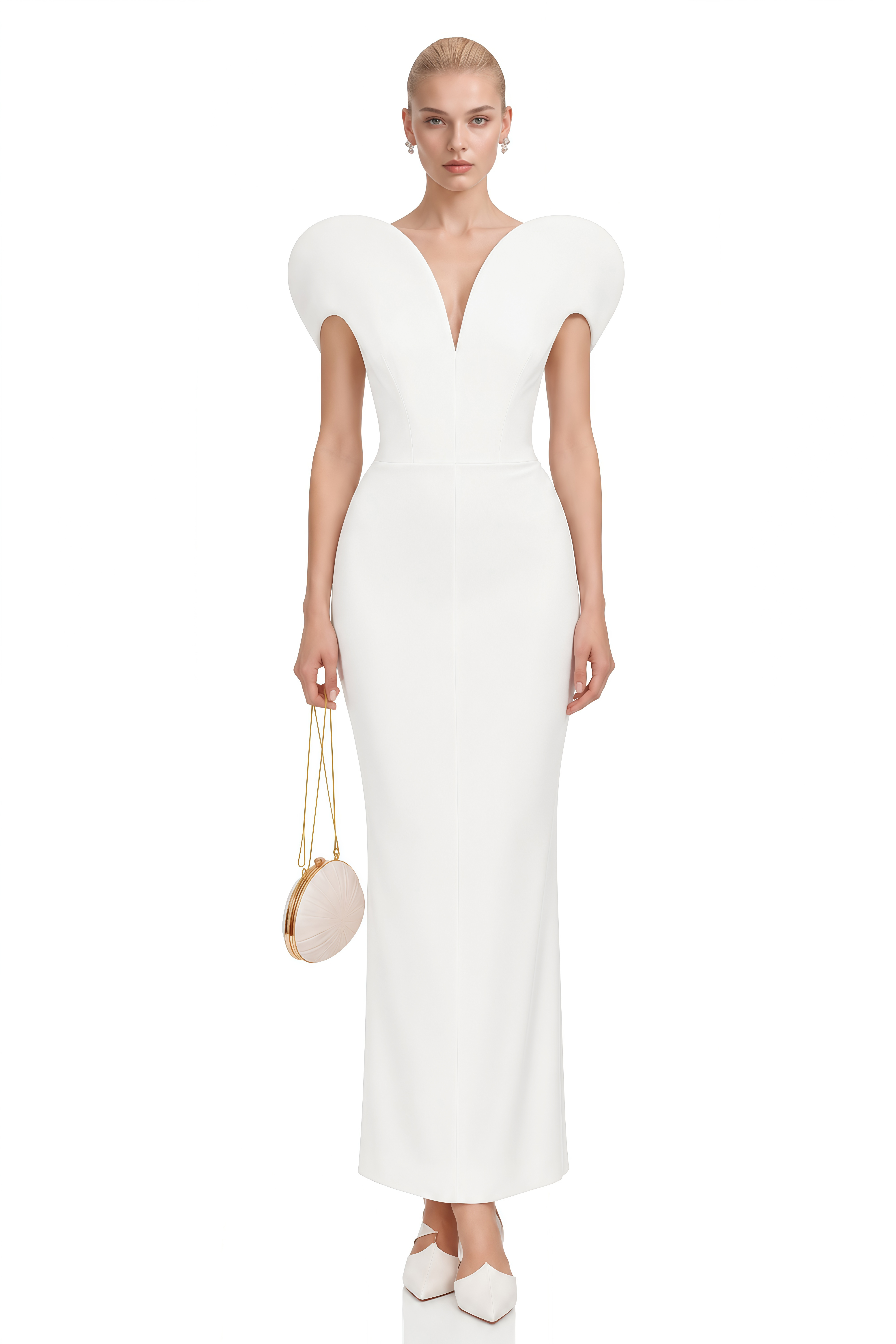 Lydia White Sleeveless Sculptural Shoulder Maxi Dress