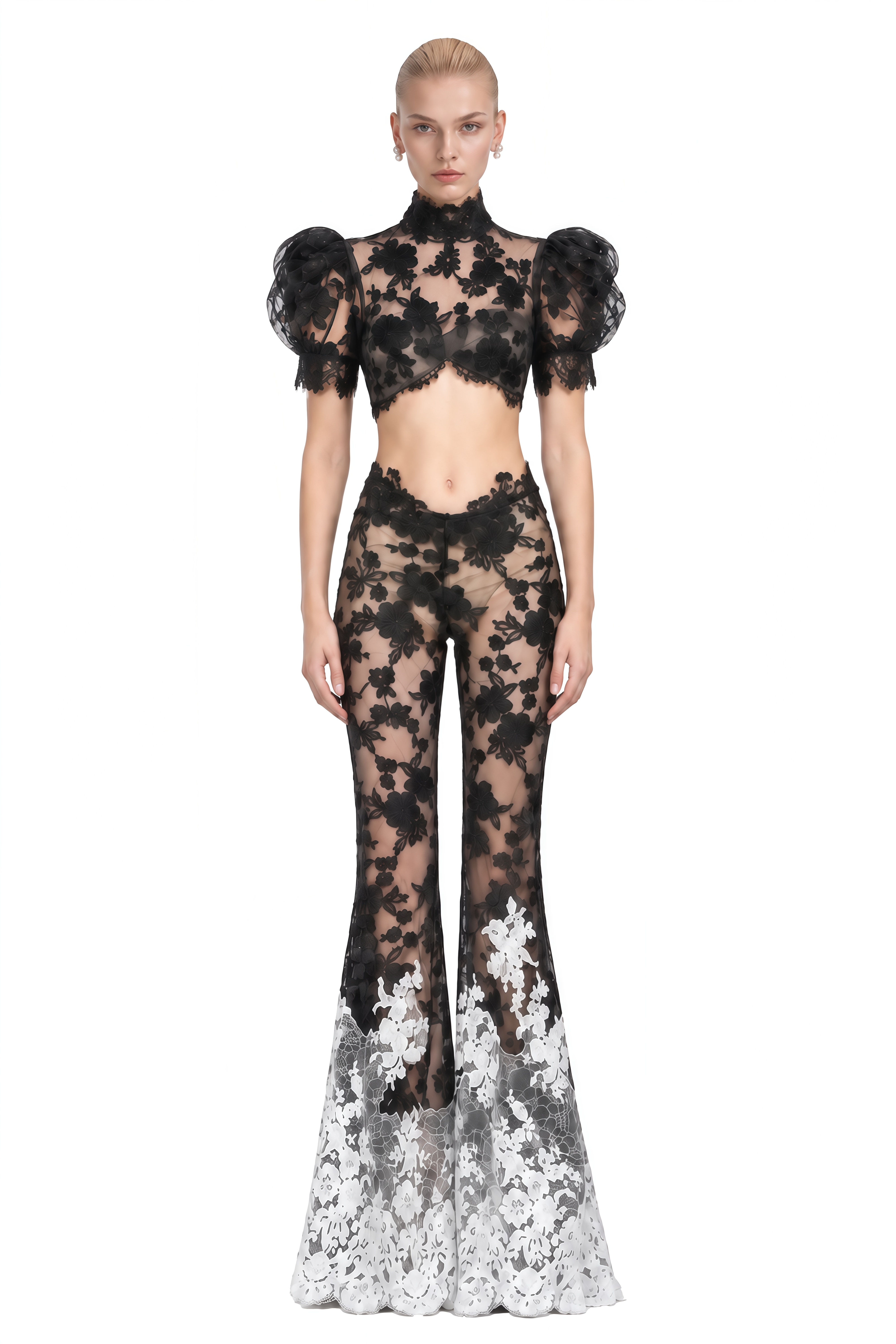 Daphne Black Puff Sleeve Lace Top & Trousers Set