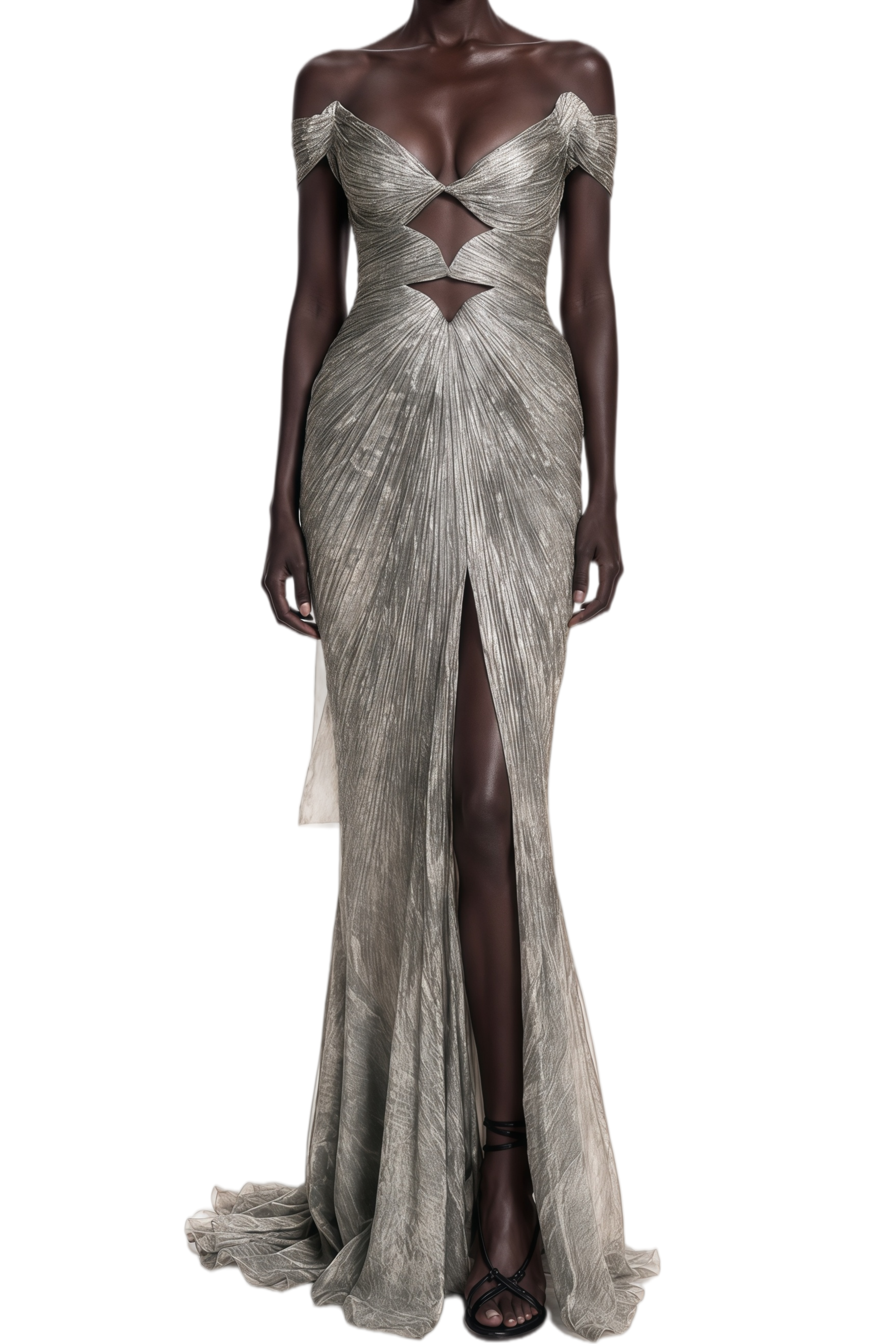 Elowen Grey Off-Shoulder Ruched Maxi Dress