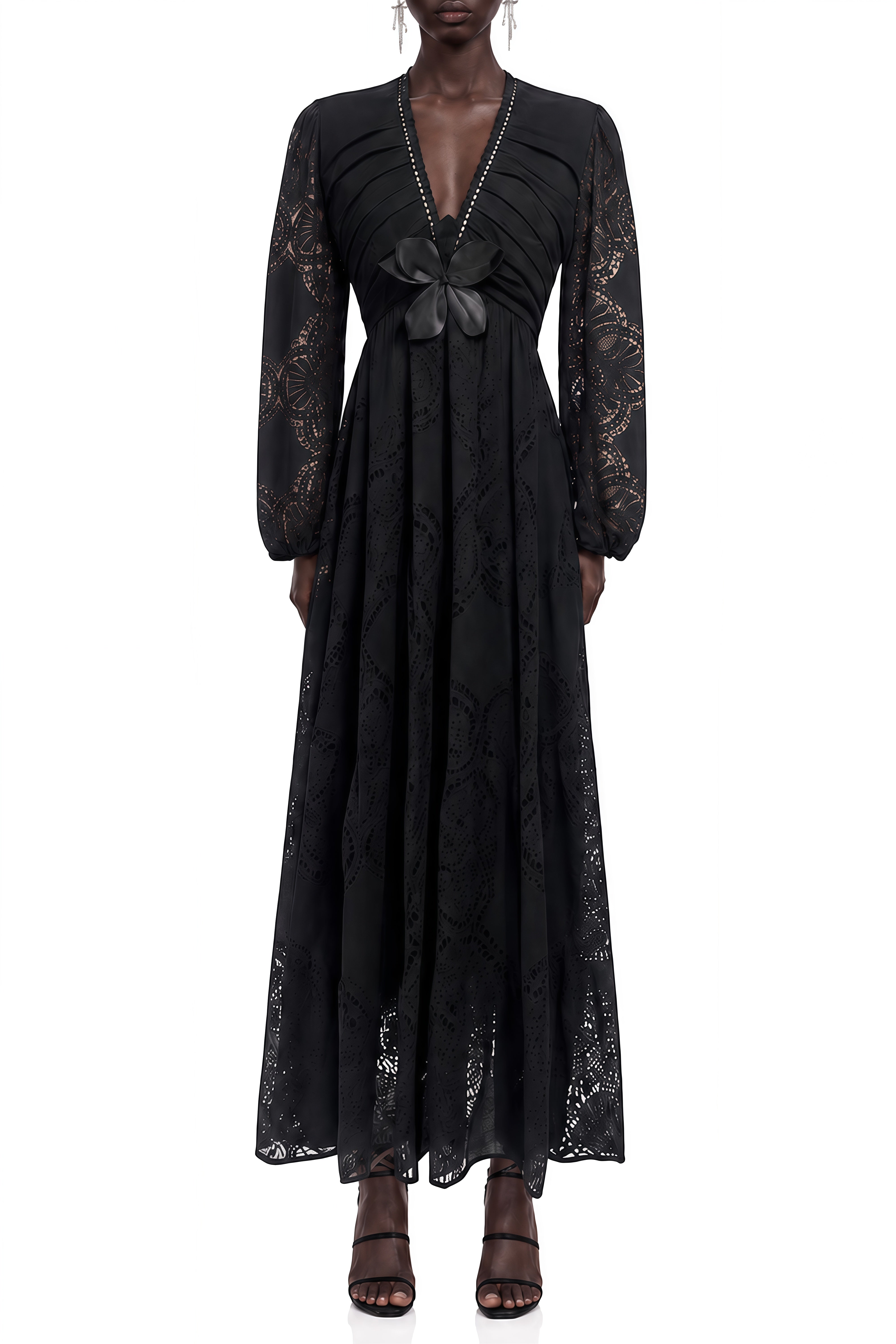 Amelia Black Puff Sleeve Ruched Maxi Dress