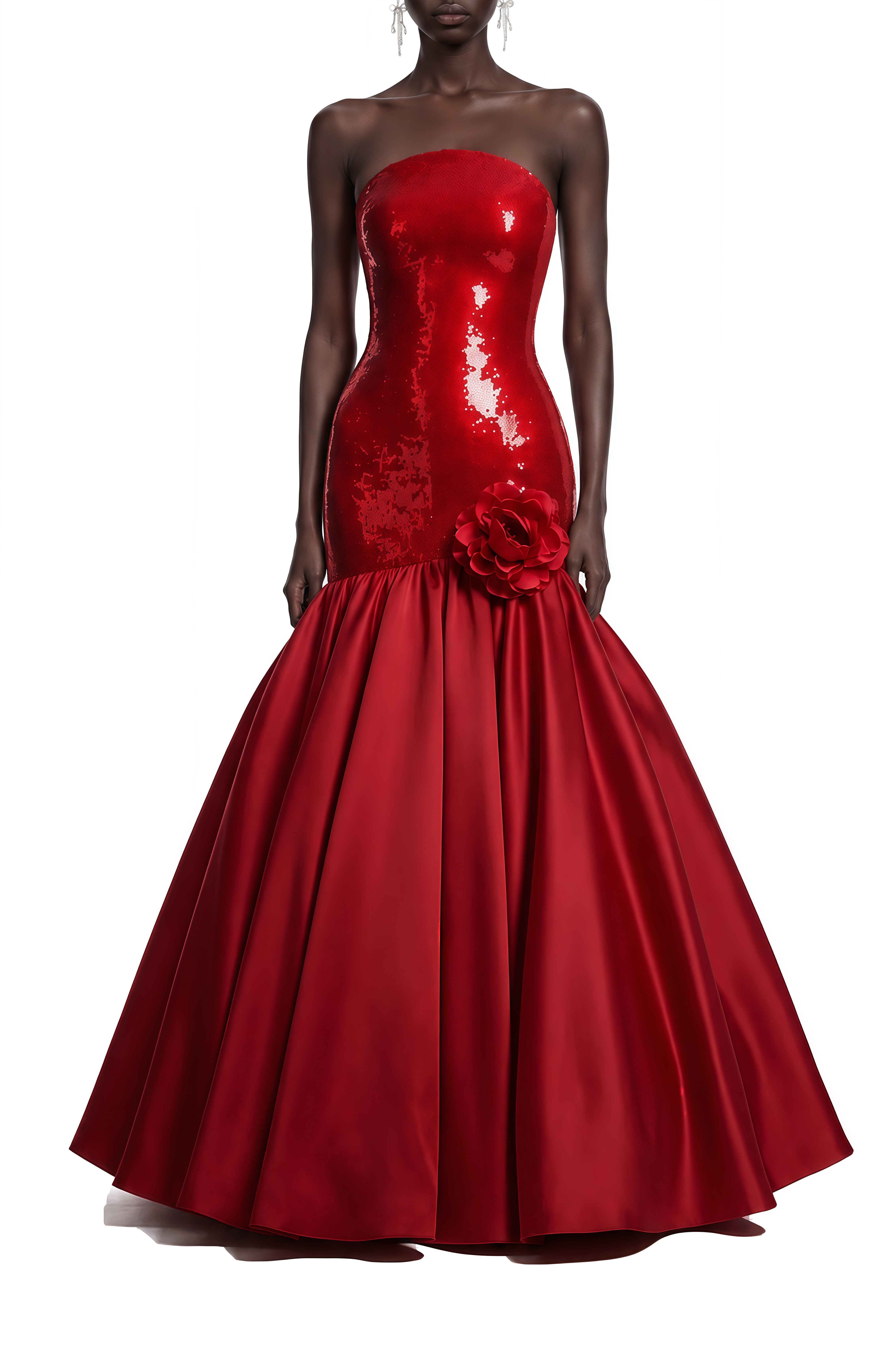 Madeline Red 3D Floral Strapless Maxi Dress