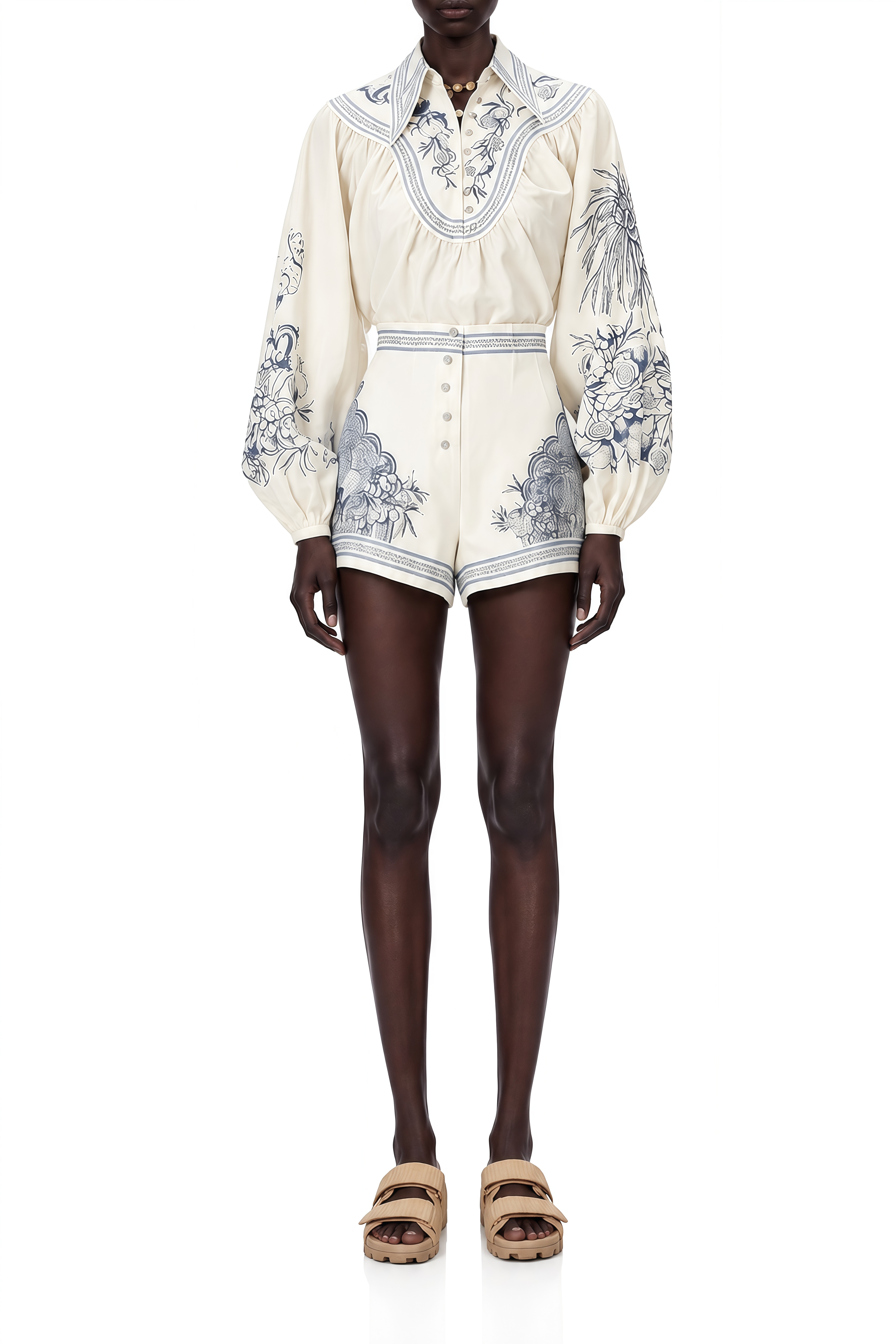 Lavinia Cream Floral Puff Sleeve Blouse & Shorts Set