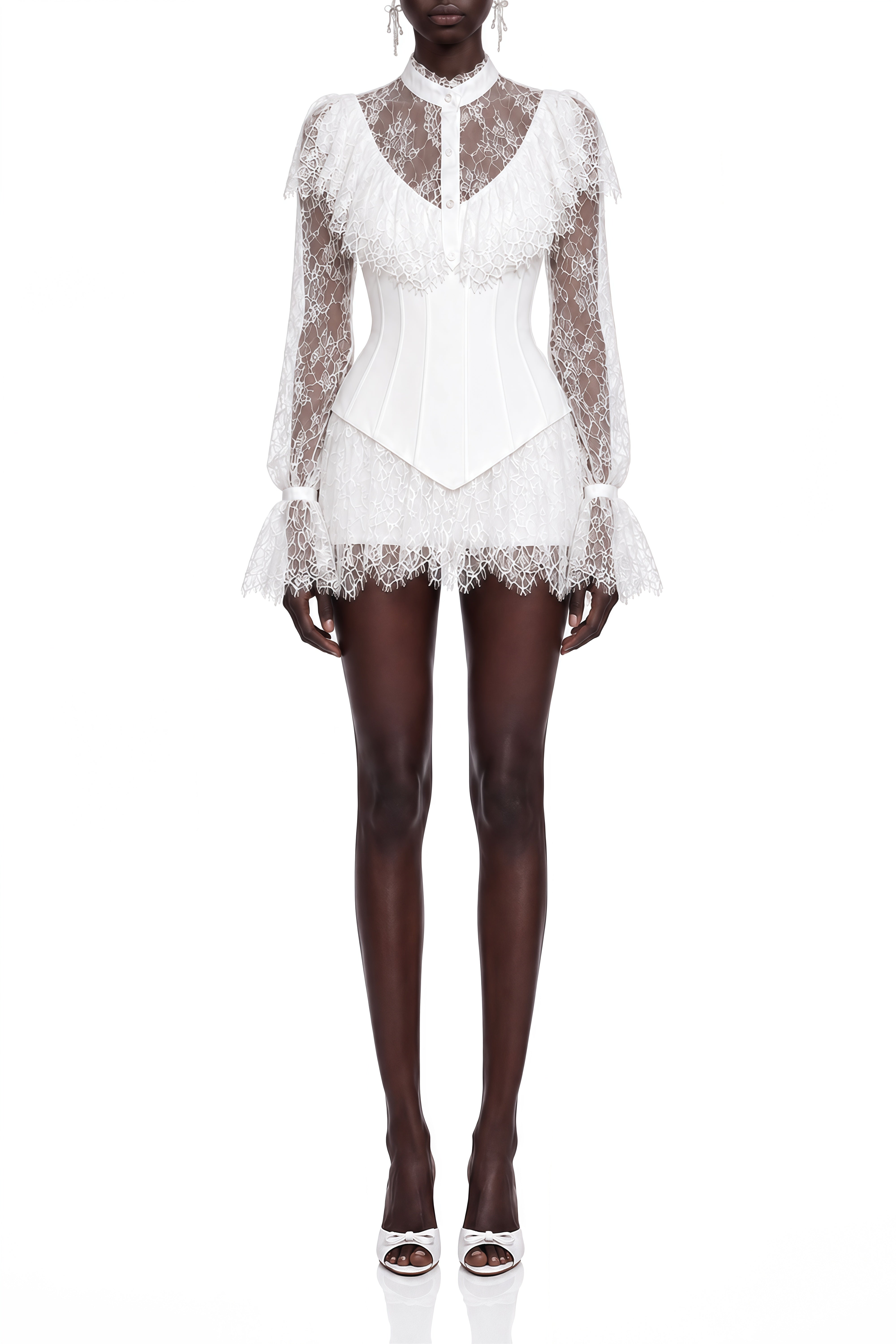Eulalia White Turtleneck Lace Top & Skirt Set