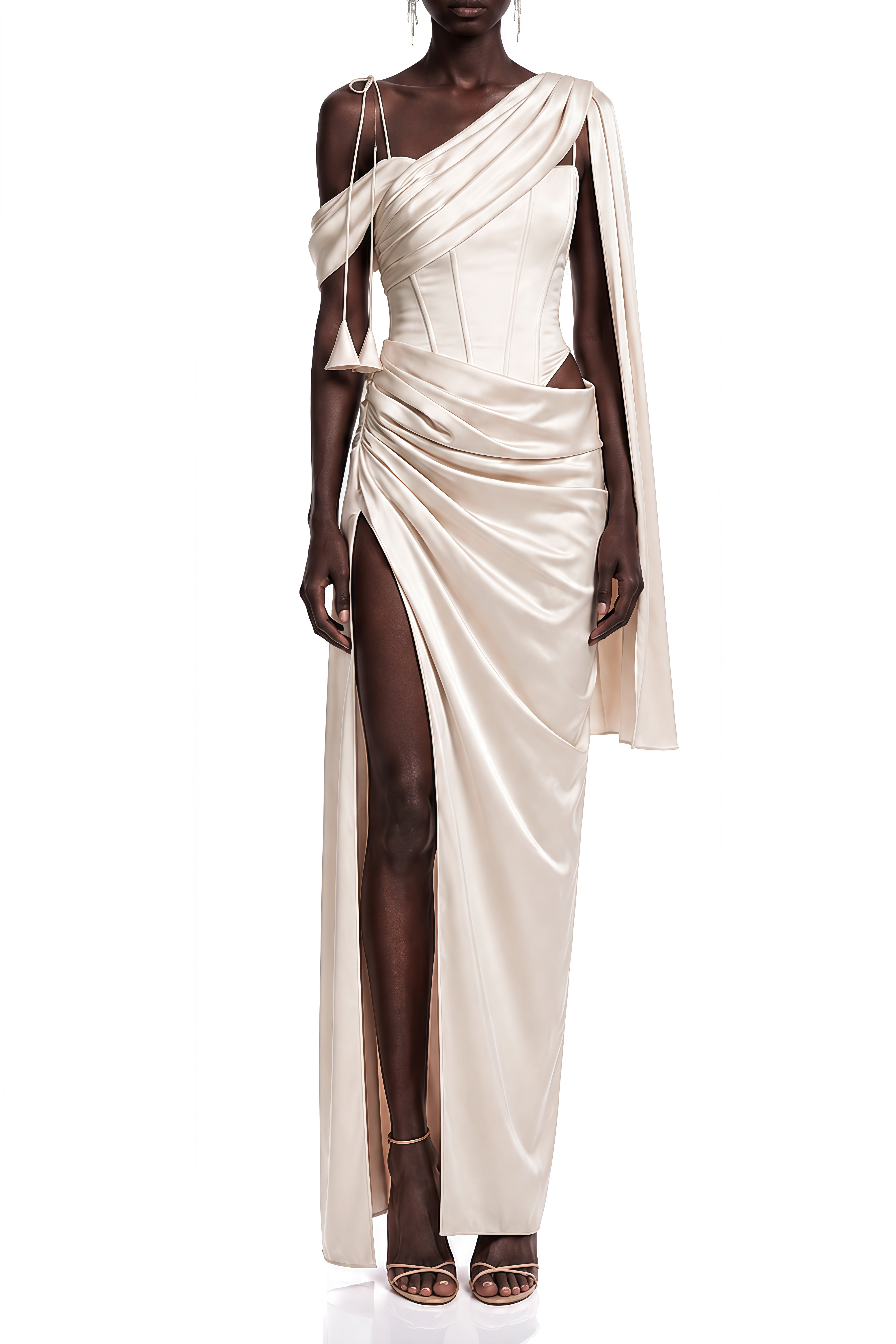 Estelle Champagne Asymmetrical Draped Maxi Dress