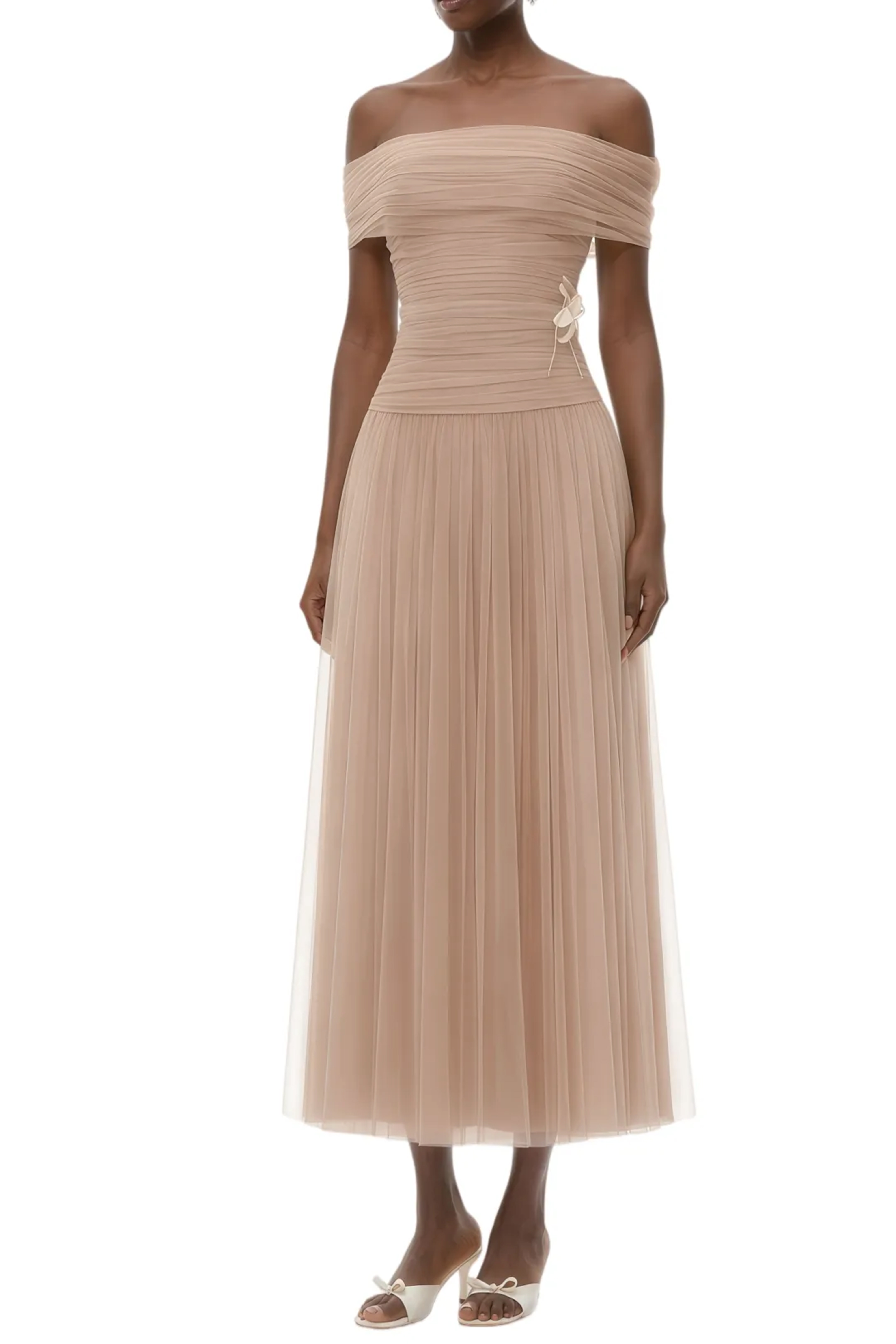 Belle Neutral Off Shoulder Pleated Maxi Dress