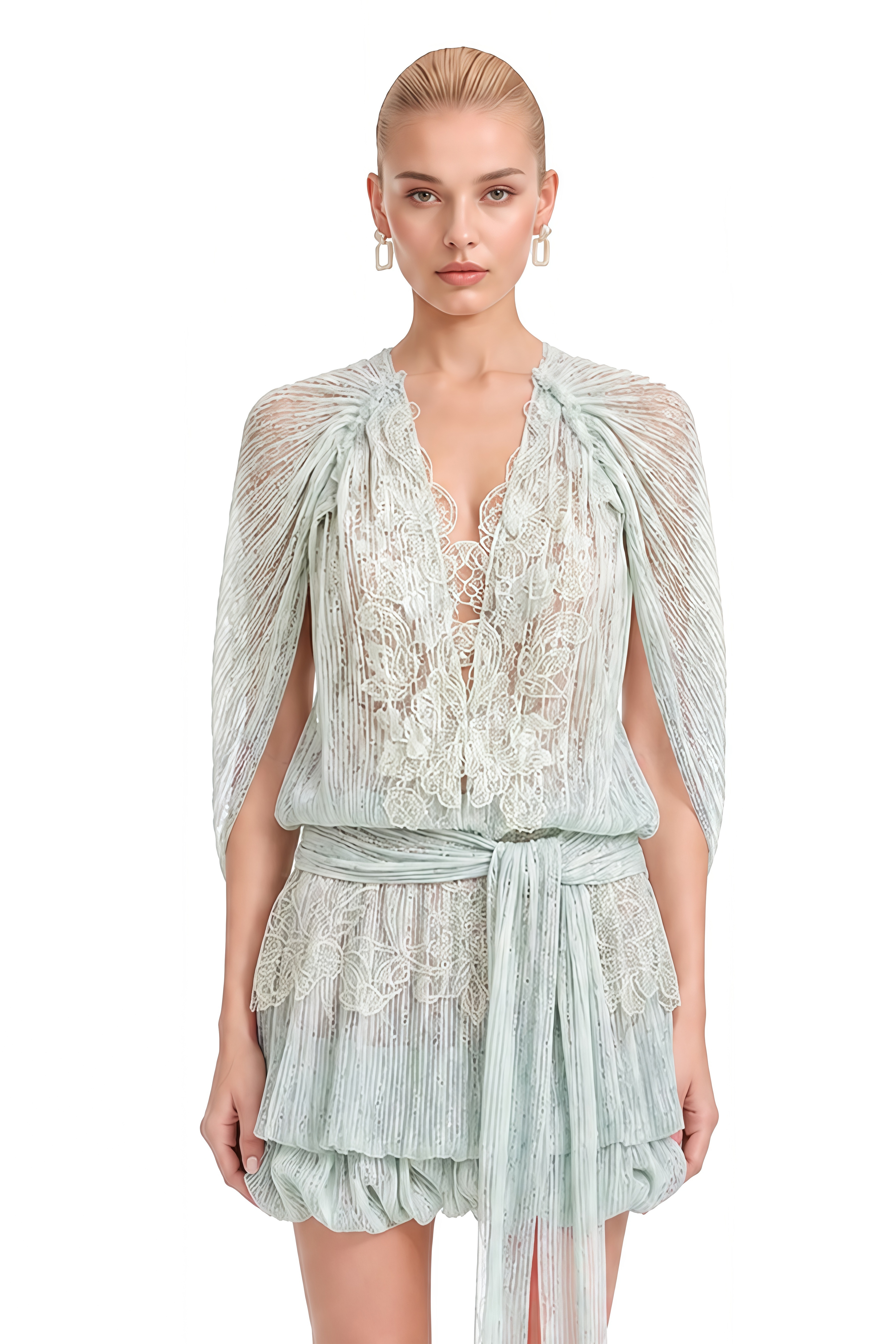 Juliet Mint Green Cape Sleeve Lace Mini Dress