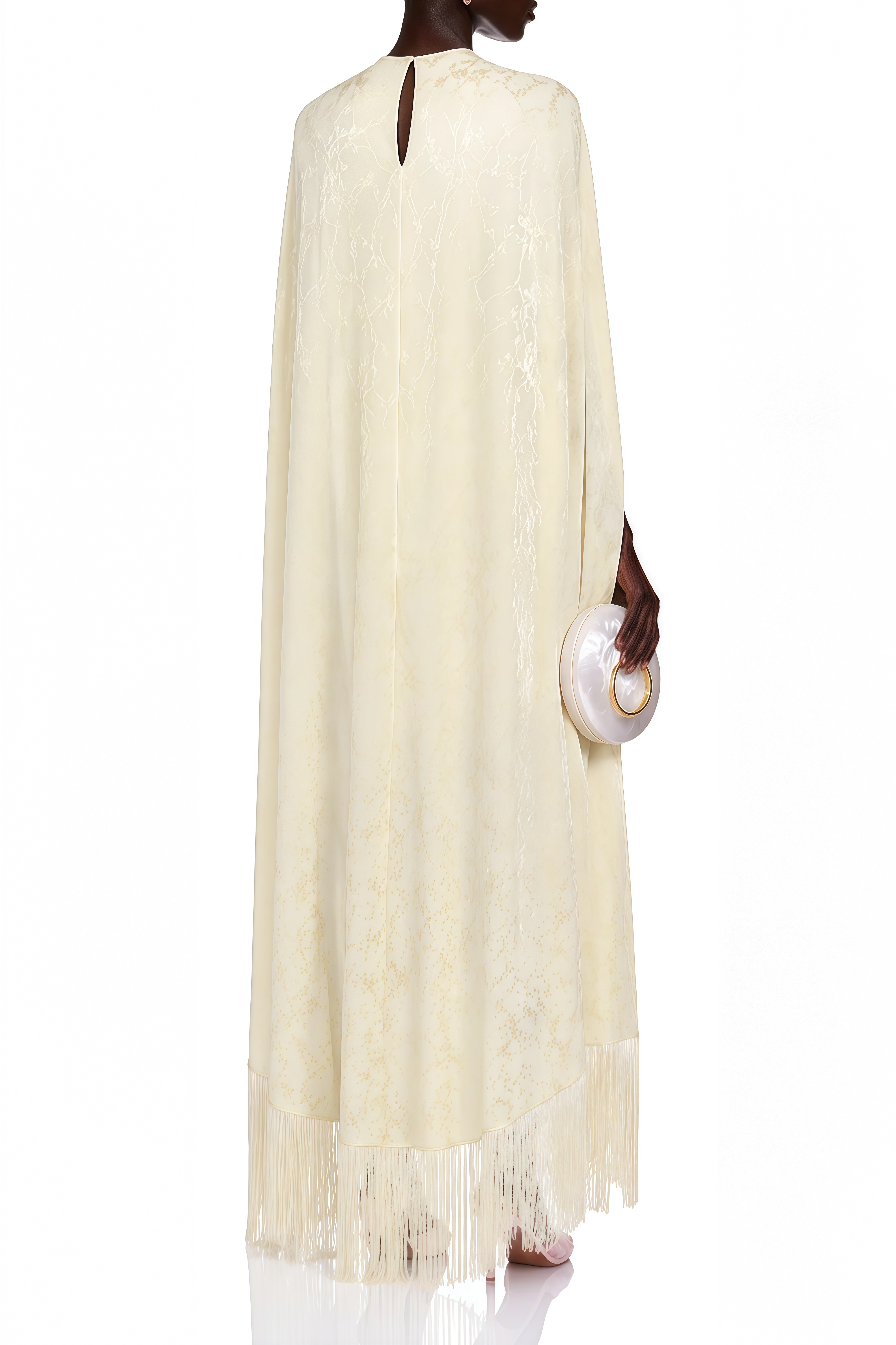 Mireille Yellow Cape Design Fringe Maxi Dress