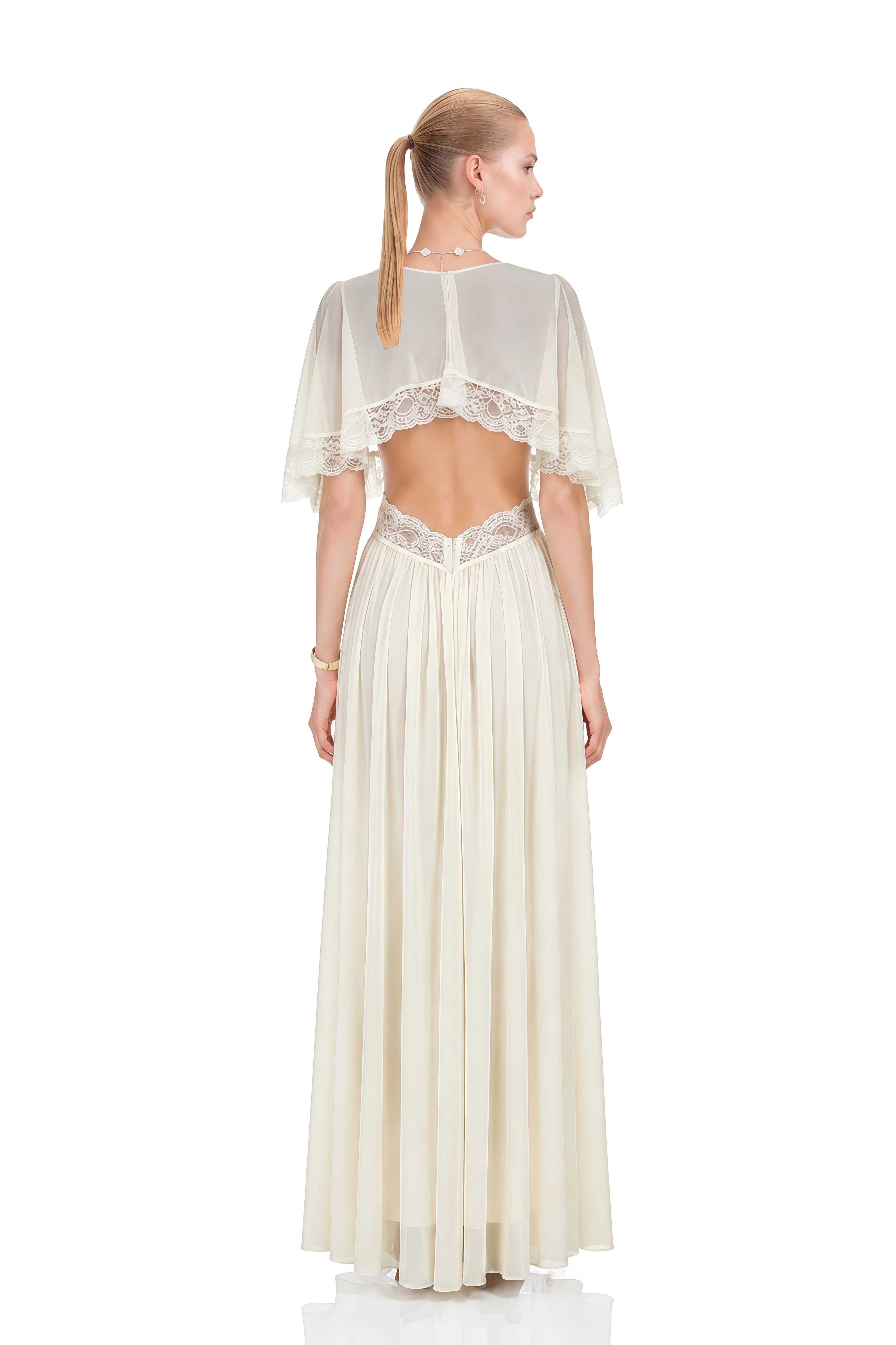 Eleanor Ivory Cape Sleeve Cut-Out Maxi Dress