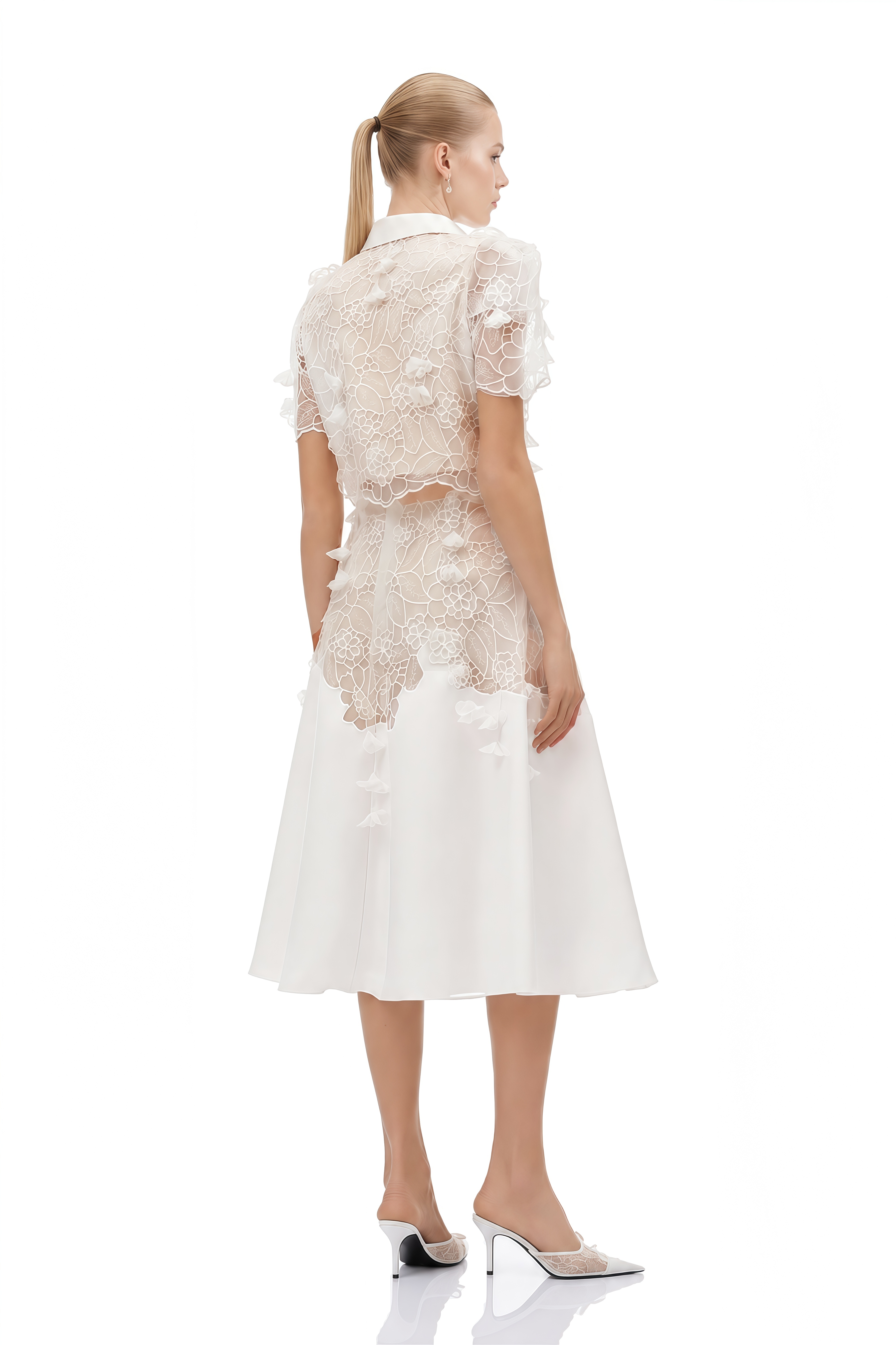Zephyra White Short Sleeves Lace Top & Skirt Set