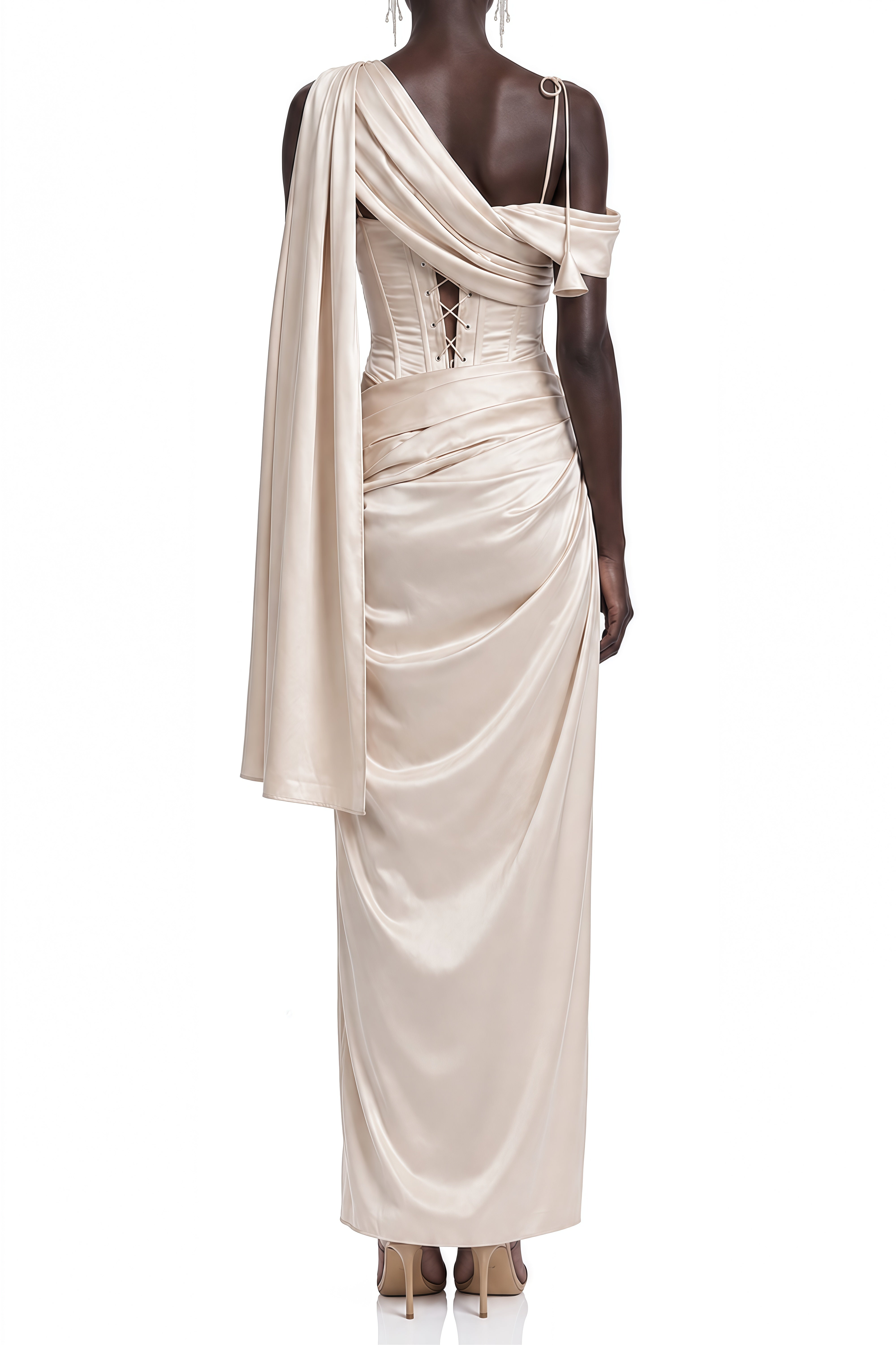 Estelle Champagne Asymmetrical Draped Maxi Dress