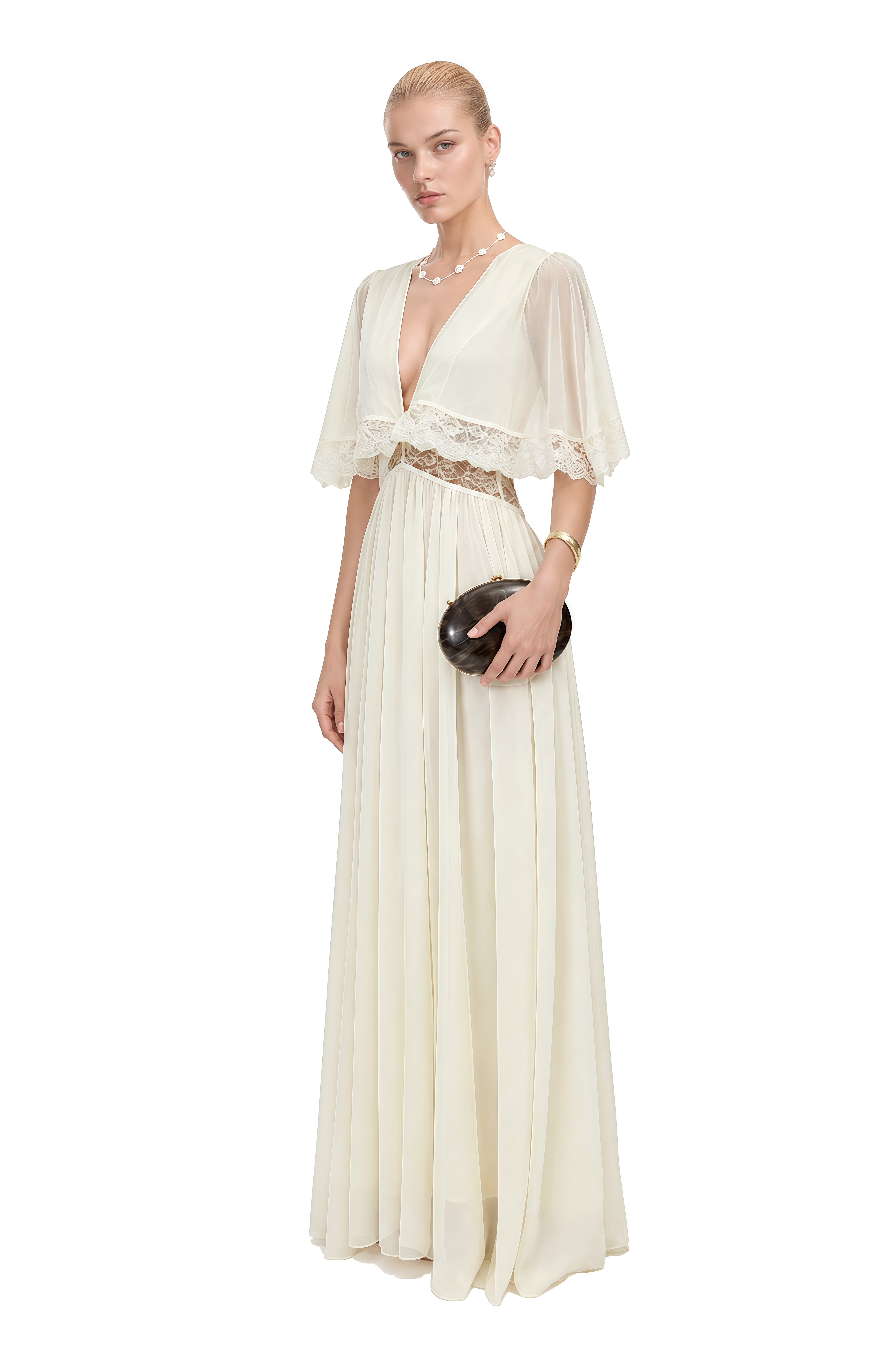 Eleanor Ivory Cape Sleeve Cut-Out Maxi Dress