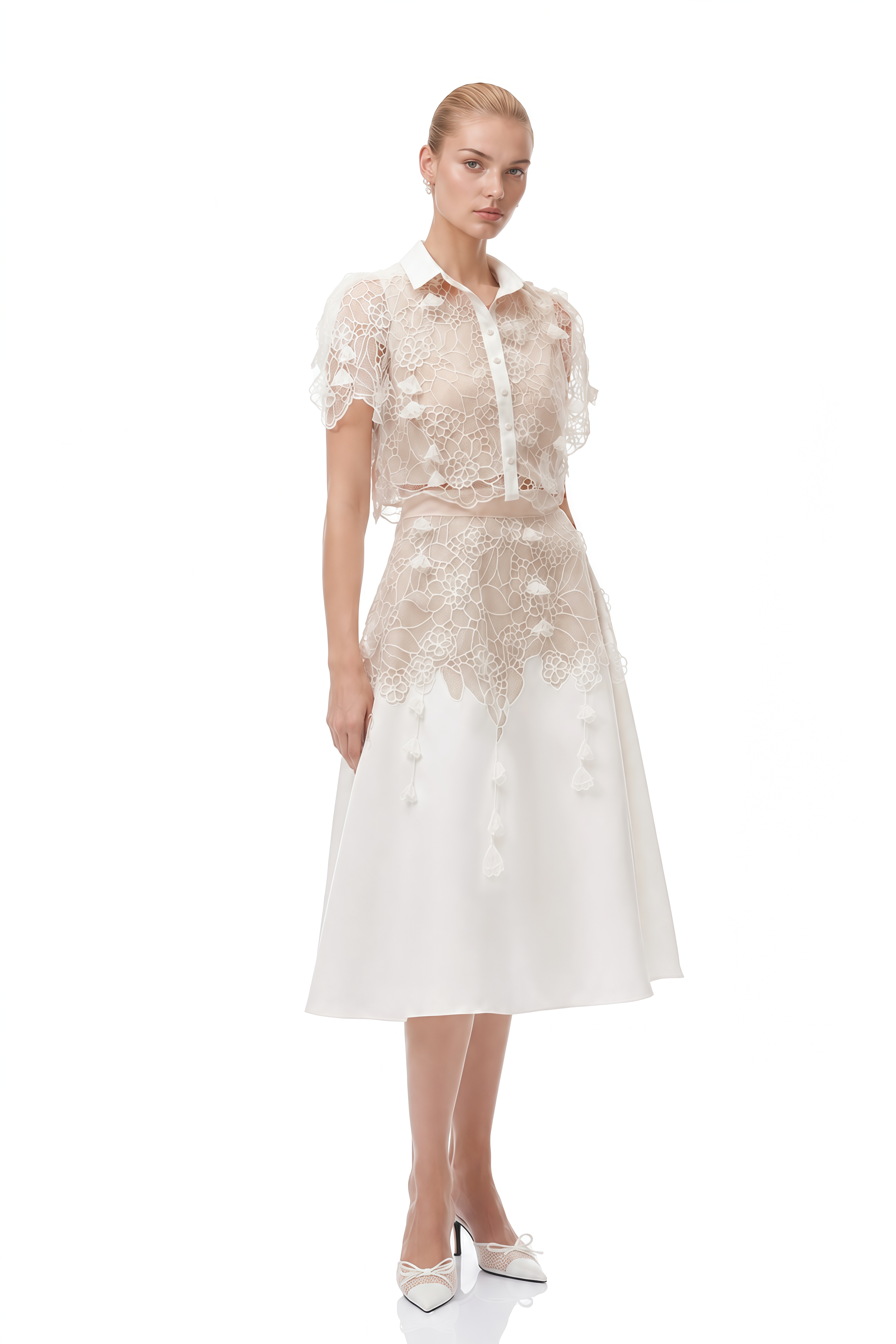 Zephyra White Short Sleeves Lace Top & Skirt Set