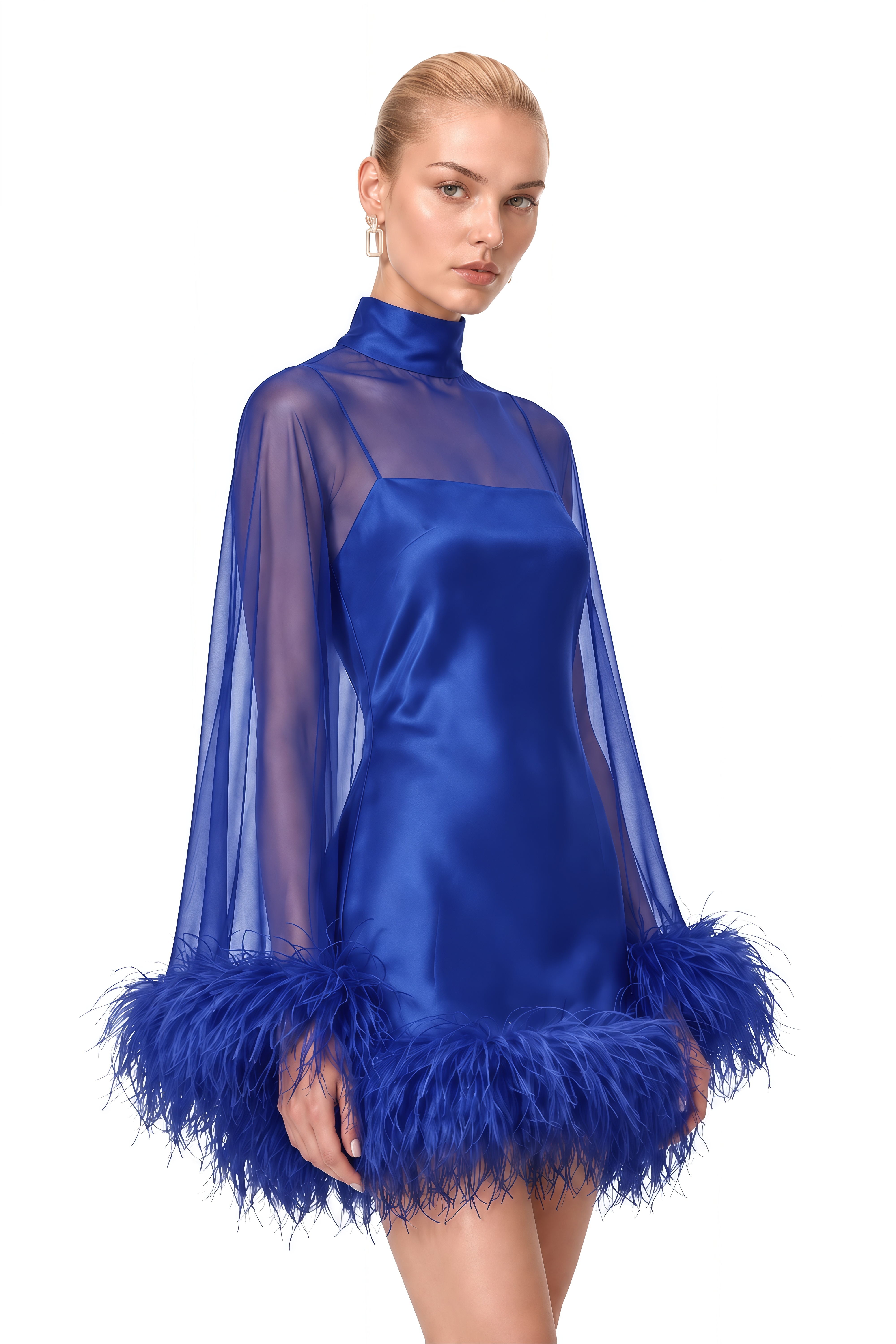 Ivy Blue Turtleneck Feather-Trim Mini Dress