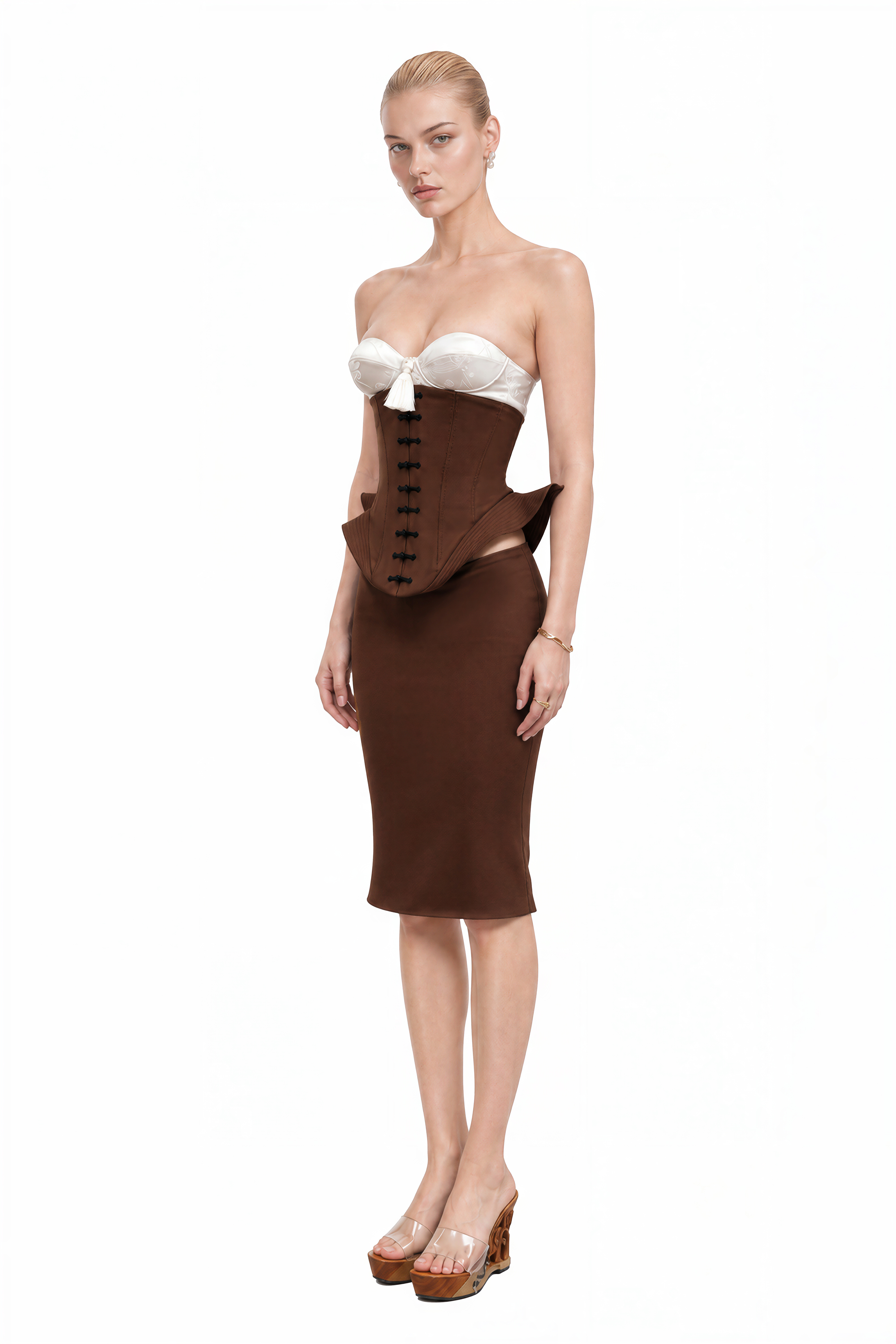 Camille Brown Sweetheart Neck Lace Top & Skirt Set