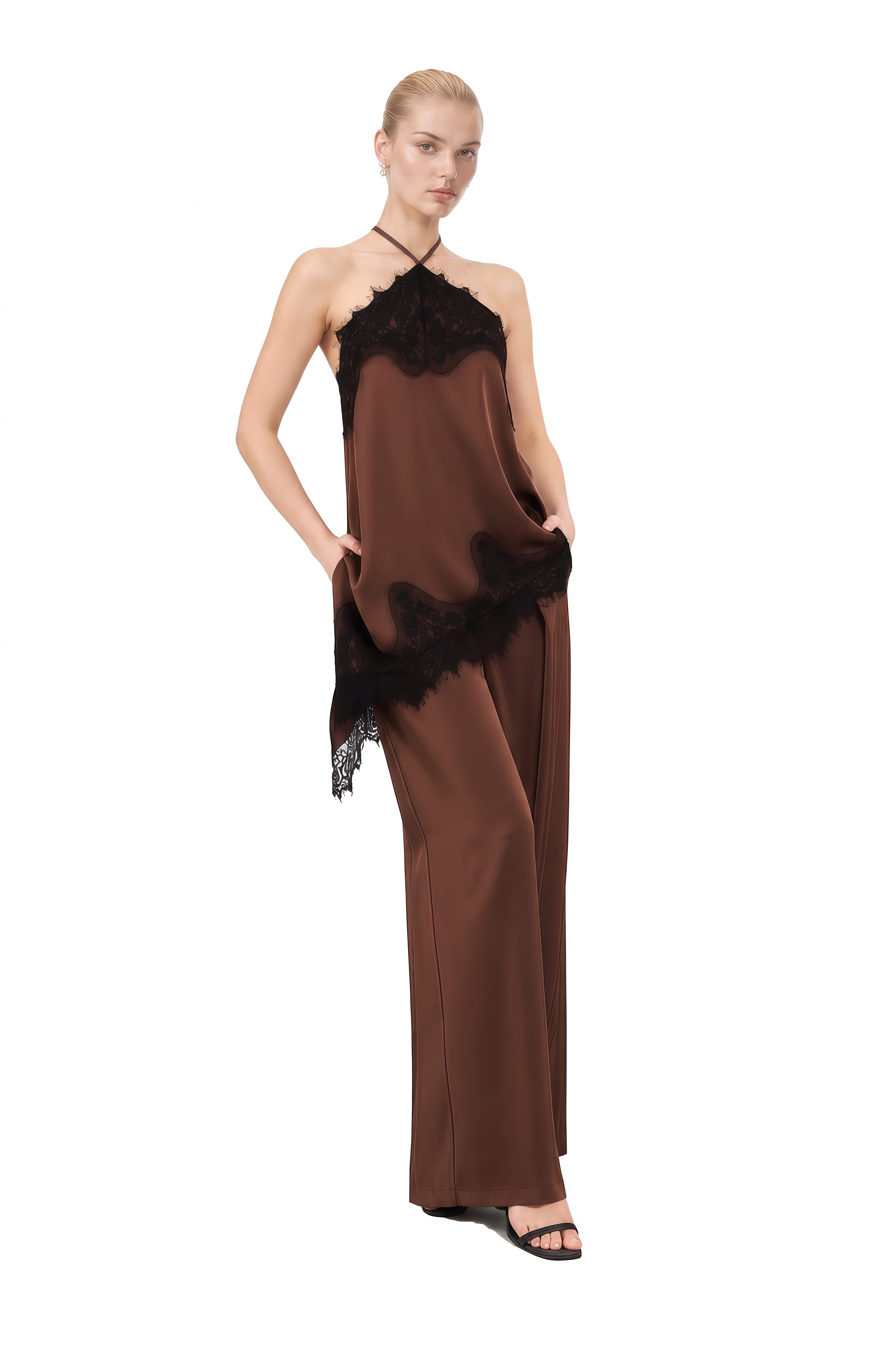 Diana Brown Halterneck Asymmetrical Top & Trousers Set