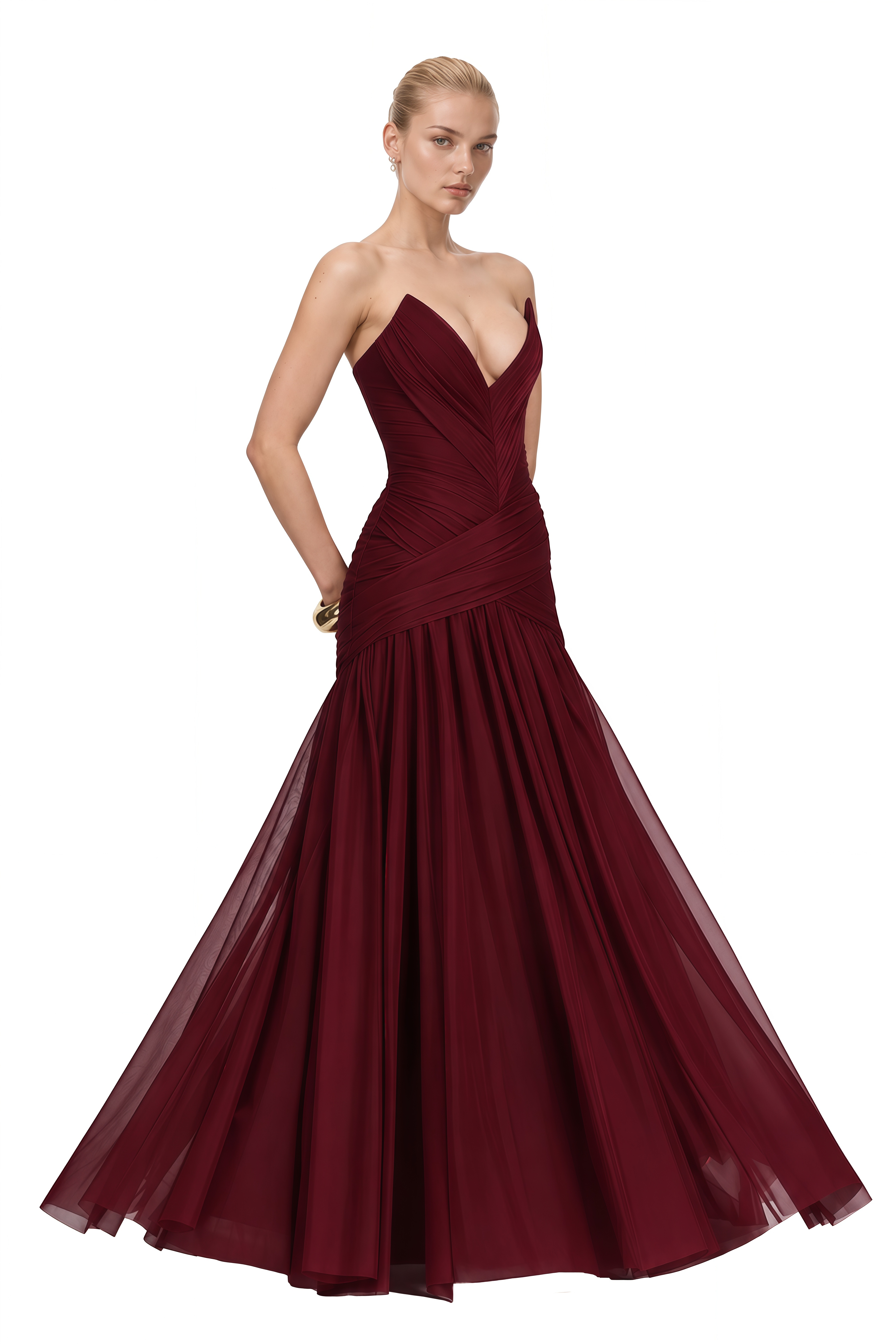 Serenity Burgundy Strapless V-Neck Maxi Dress