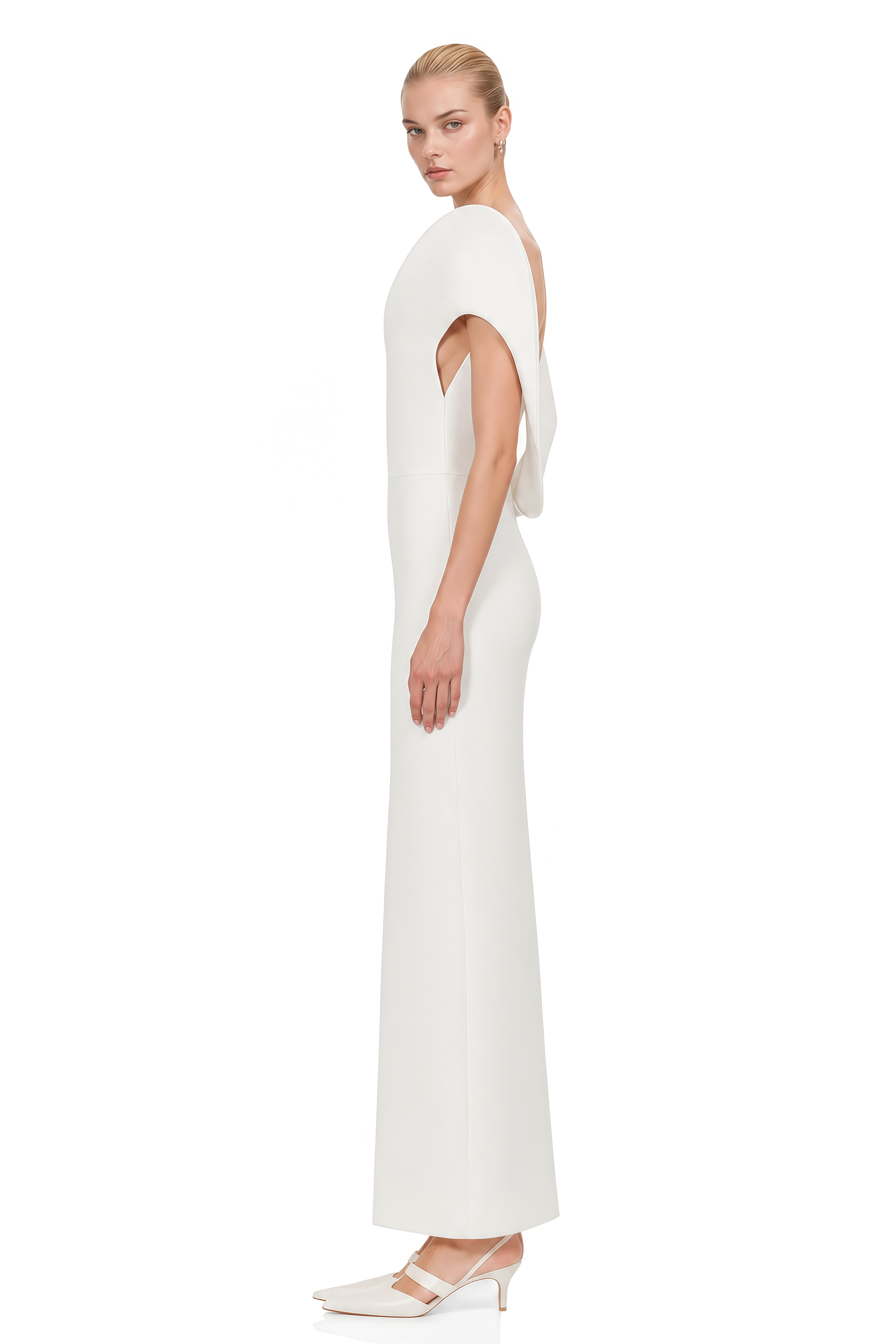 Lydia White Sleeveless Sculptural Shoulder Maxi Dress