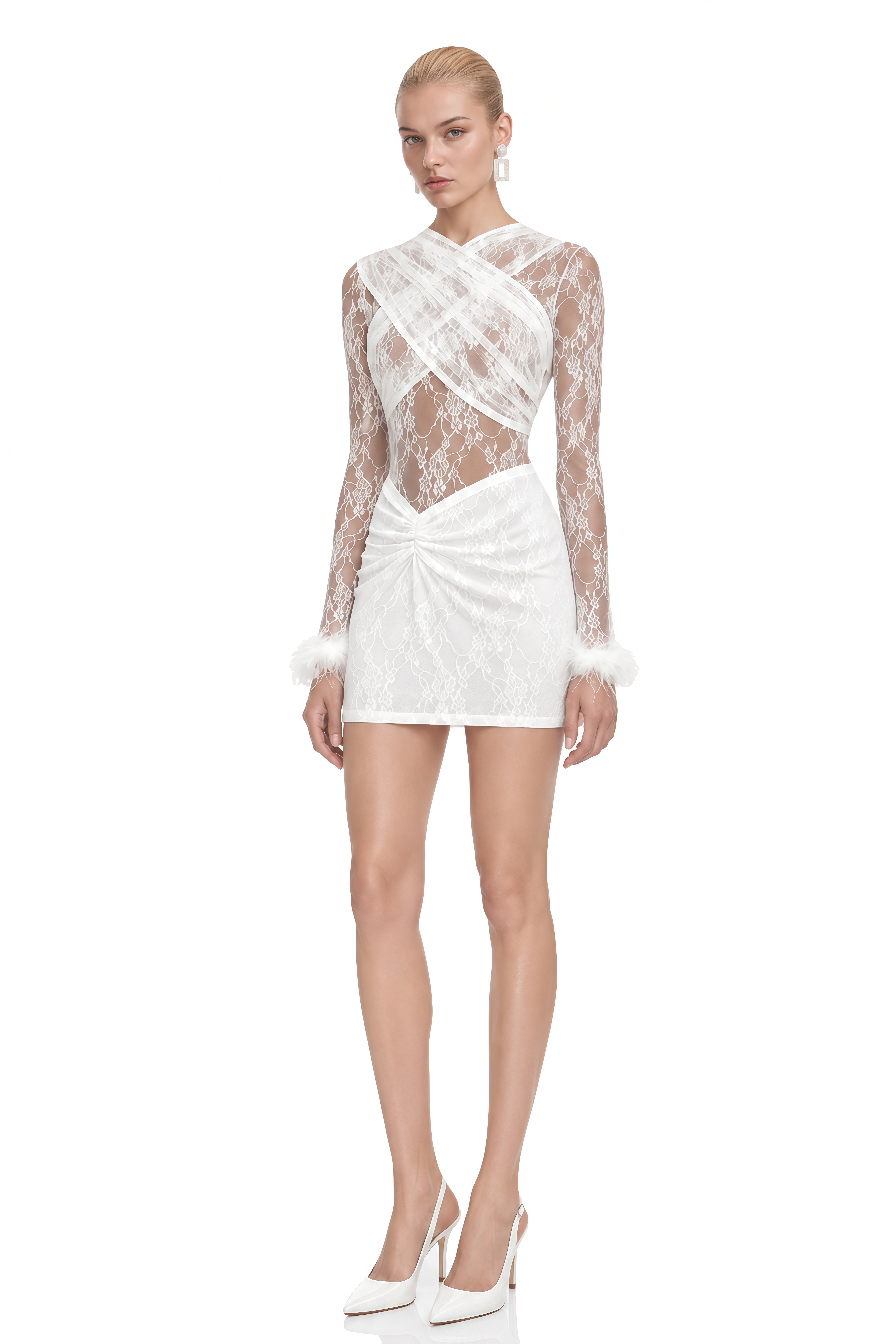 Nerissa White Long Sleeves Lace Bodysuit & Skirt Set