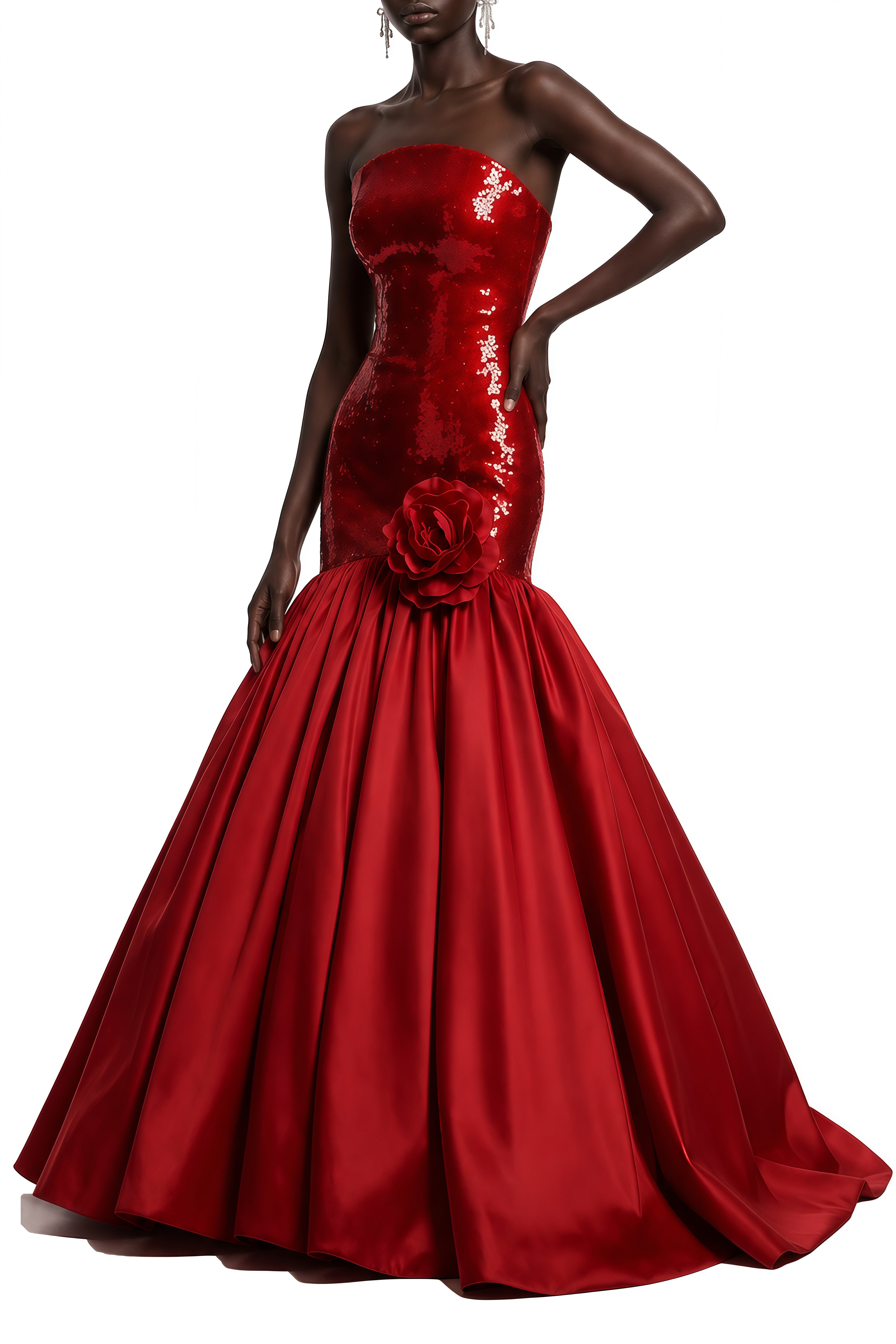 Madeline Red 3D Floral Strapless Maxi Dress