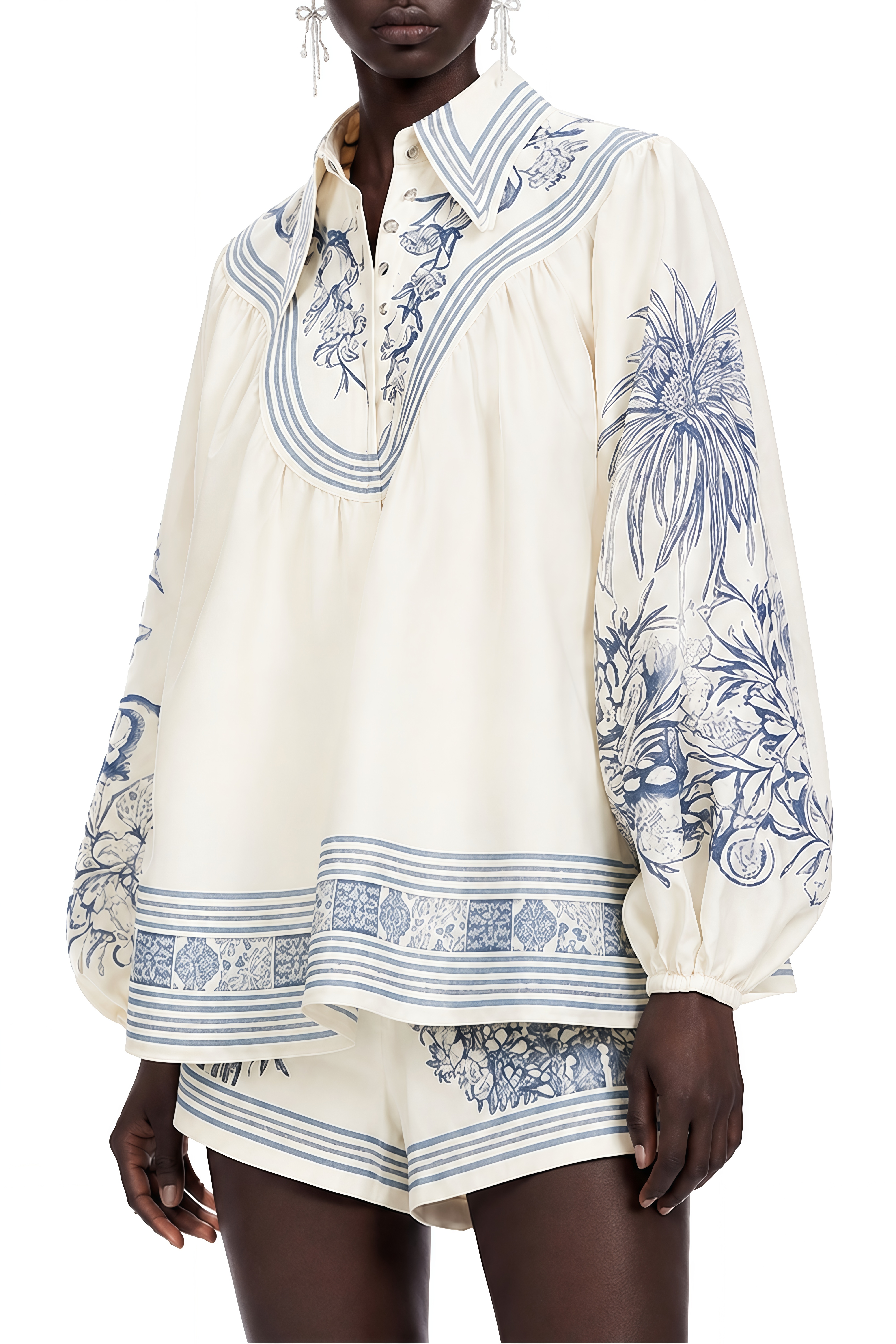 Lavinia Cream Floral Puff Sleeve Blouse & Shorts Set